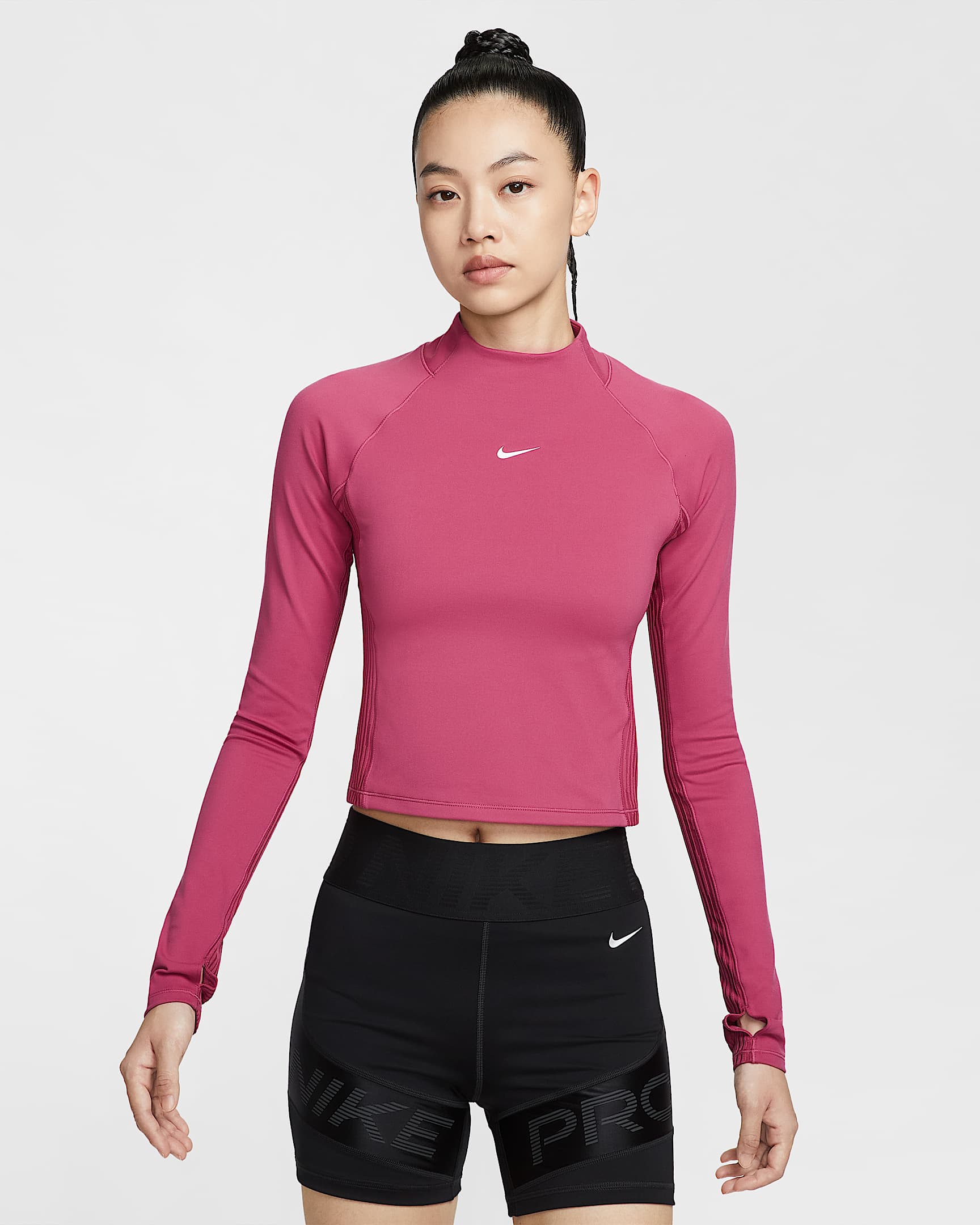 Nike Pro Dri-FIT 女子速干长袖紧身训练上衣 - 甜菜红/白色