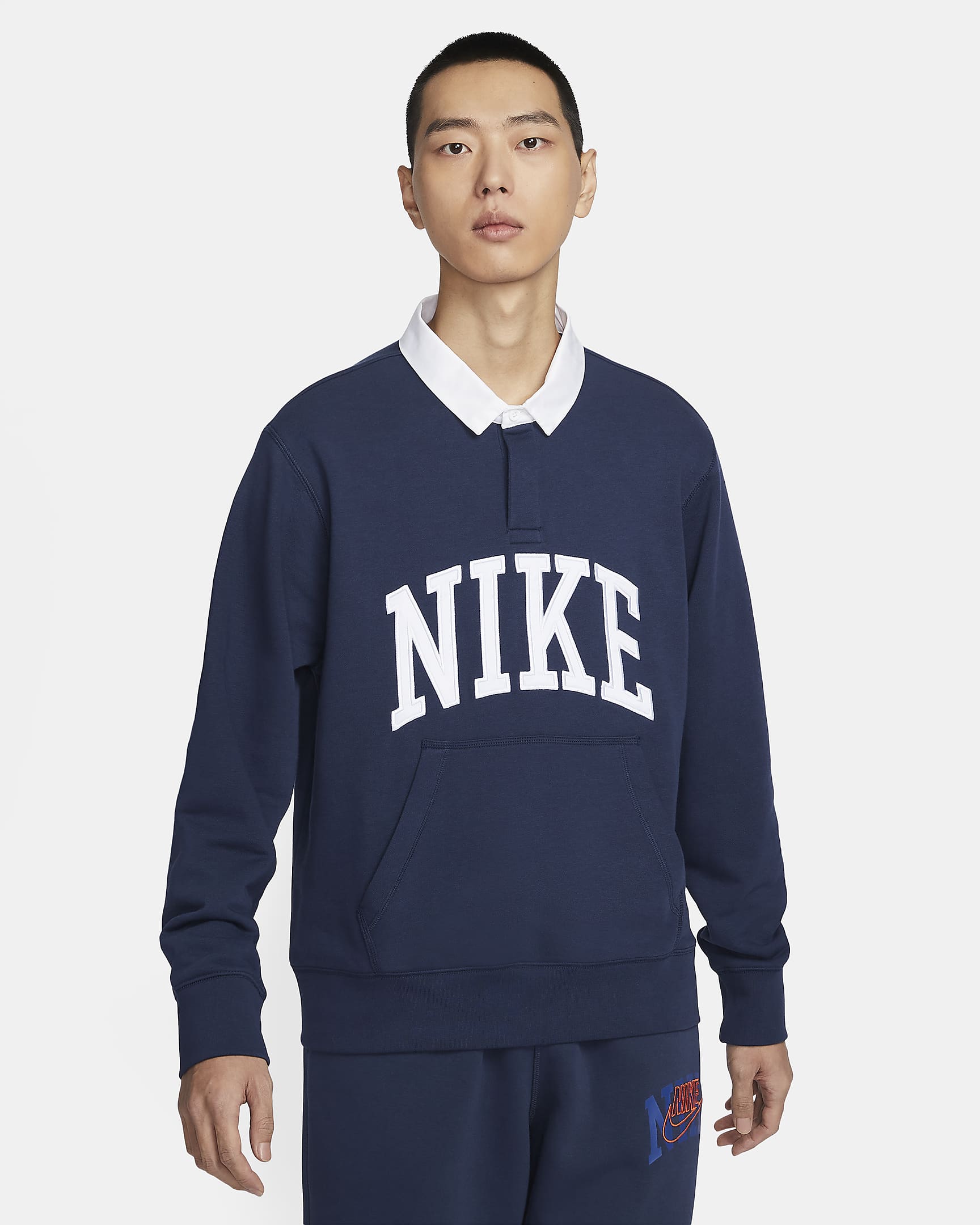 Nike Club Fleece 男子长袖针织翻领上衣 - 深藏青/白色
