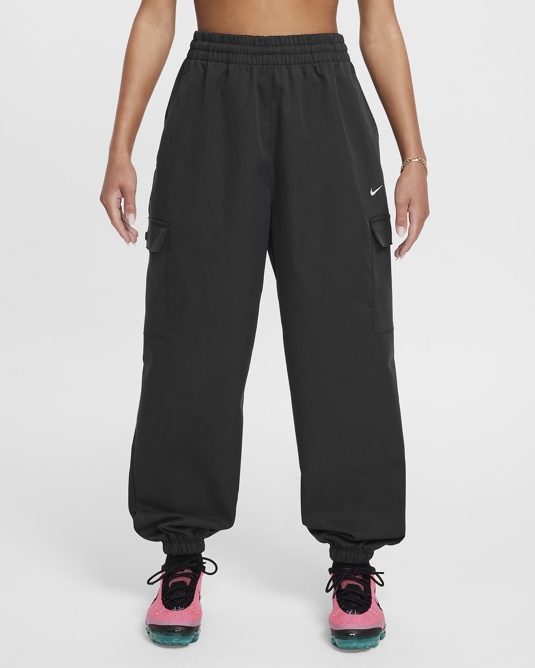 Nike Sportswear 大童(女孩)工装长裤 - 黑/白色