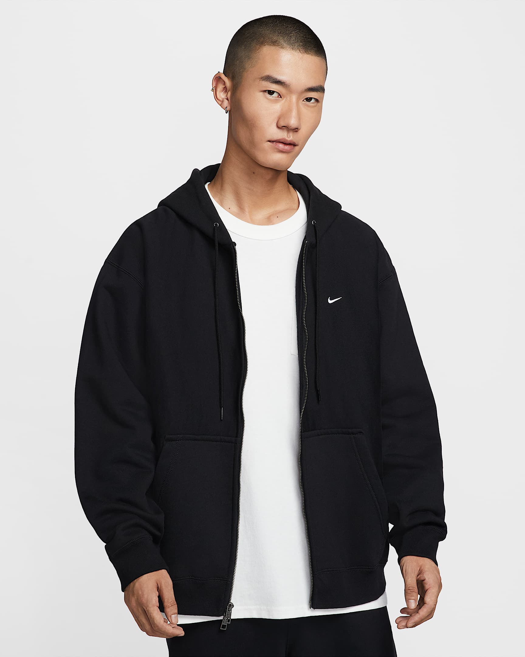 Nike Solo Swoosh 男子全长拉链开襟加绒连帽衫 - 黑/黑/白色
