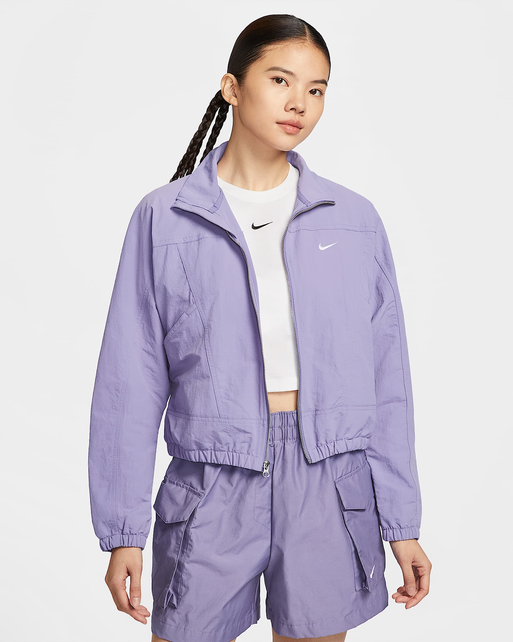 Nike Sportswear Everything Wovens Repel 女子 Oversize 风防晒拒水夹克 - 暗紫/白色