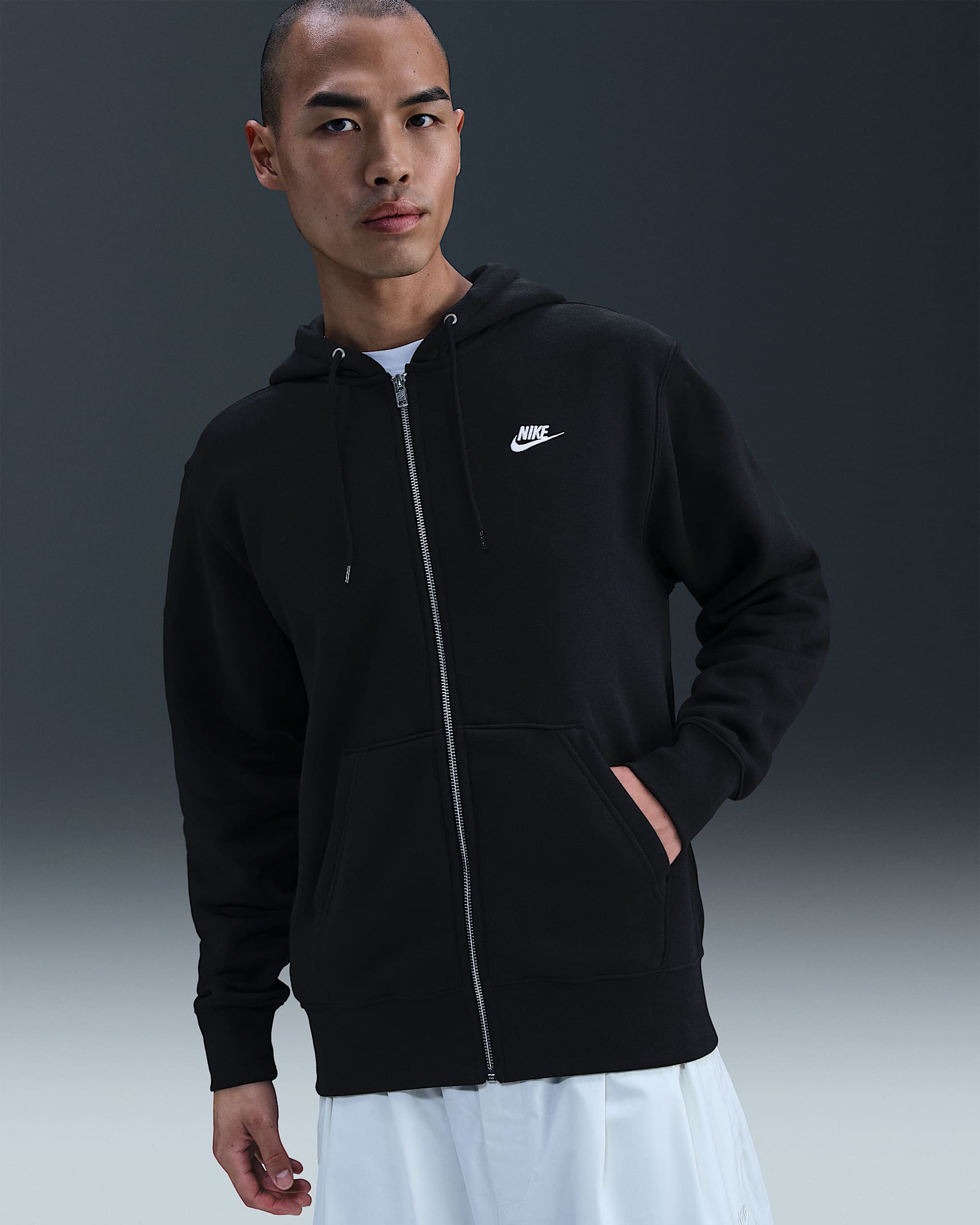 Nike Club 男子全长拉链开襟加绒连帽衫 - 黑/黑/白色