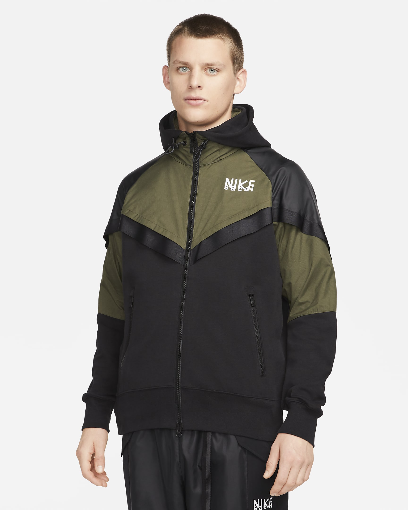 Nike x Sacai 男子全长拉链开襟连帽衫 - 军裤卡其/黑
