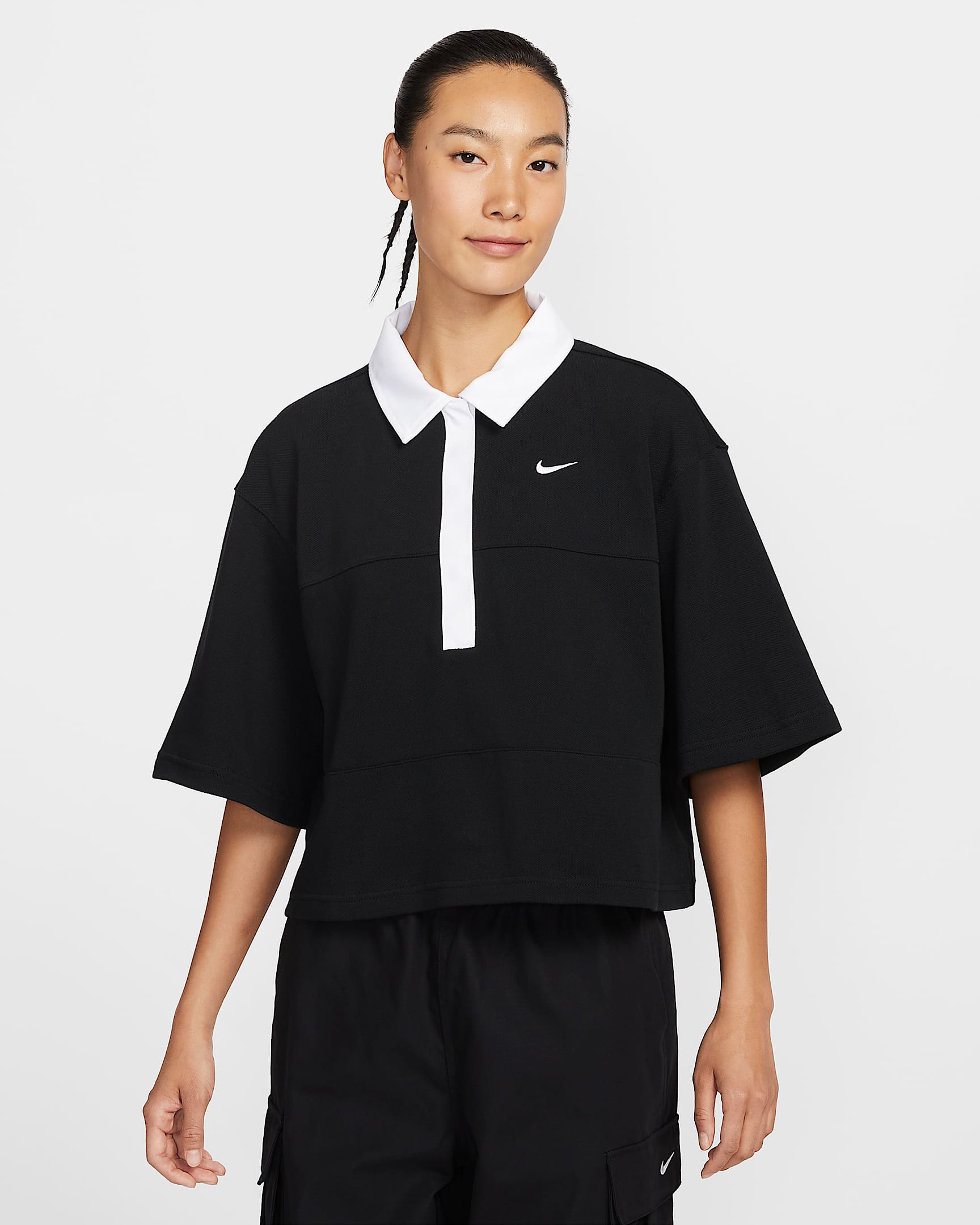 Nike Sportswear 女子 Oversize 风短袖翻领上衣 - 黑/黑/白色/白色