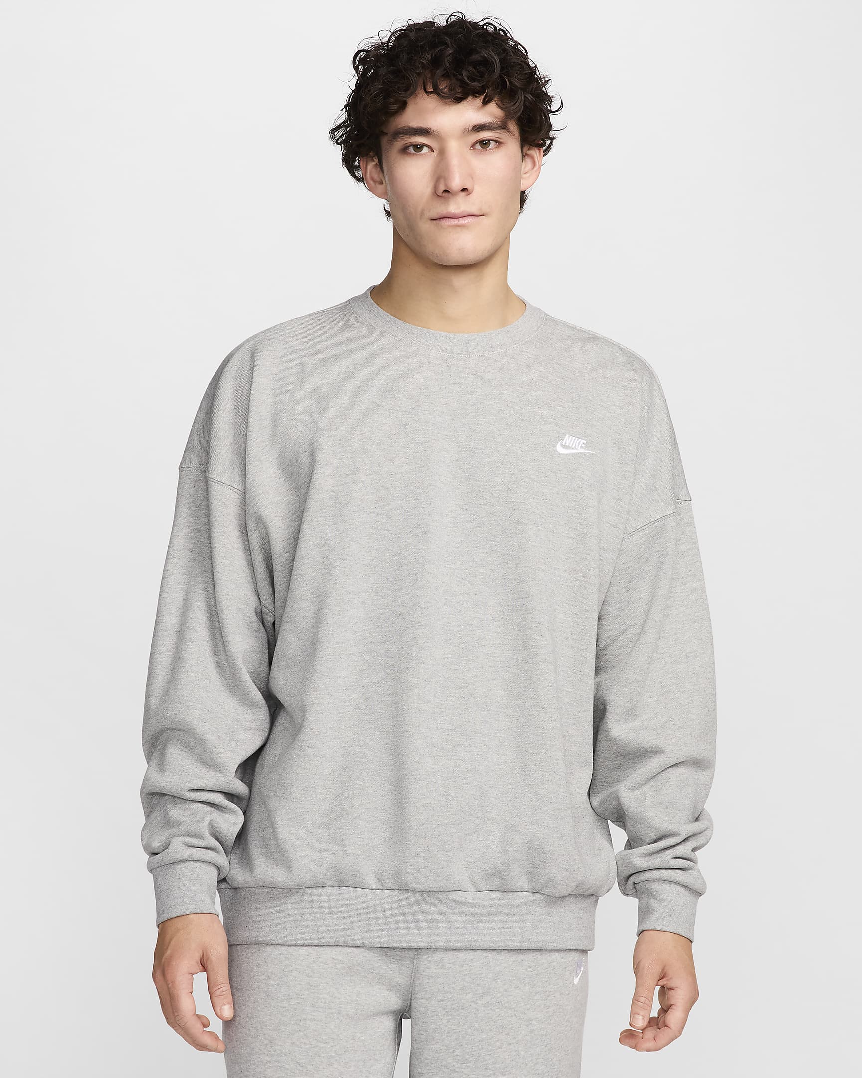 Nike Club Fleece 男子 Oversize 风法式毛圈圆领上衣 - 调色暗灰/浅烟灰/白色
