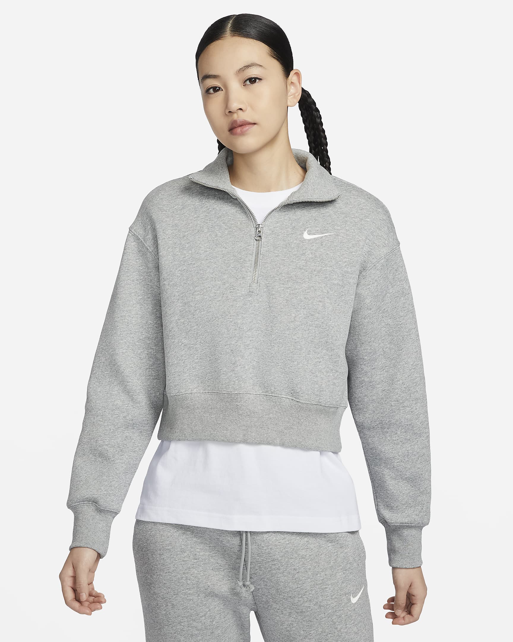 Nike Sportswear Phoenix Fleece 女子 Oversize 风半长拉链开襟短款加绒运动衫 - 调色暗灰/帆白