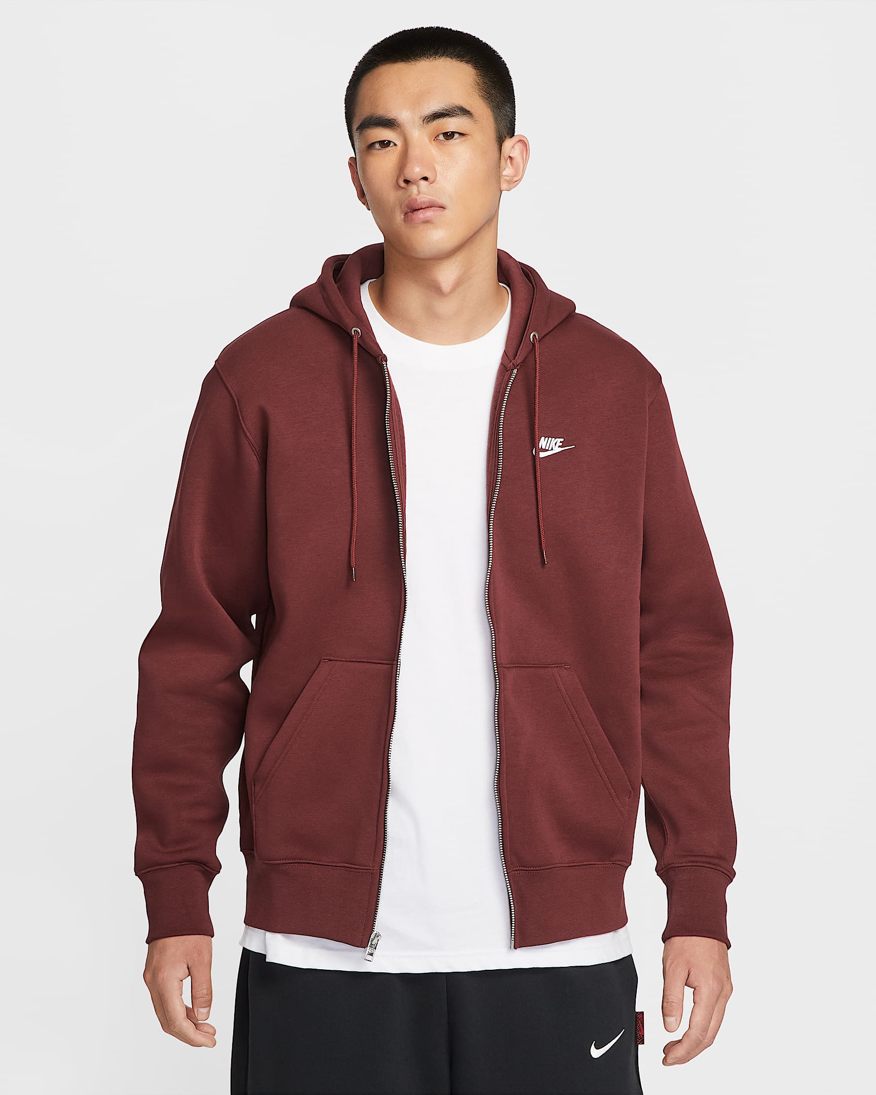 Nike Club 男子全长拉链开襟加绒连帽衫 - 暗队红/暗队红/白色