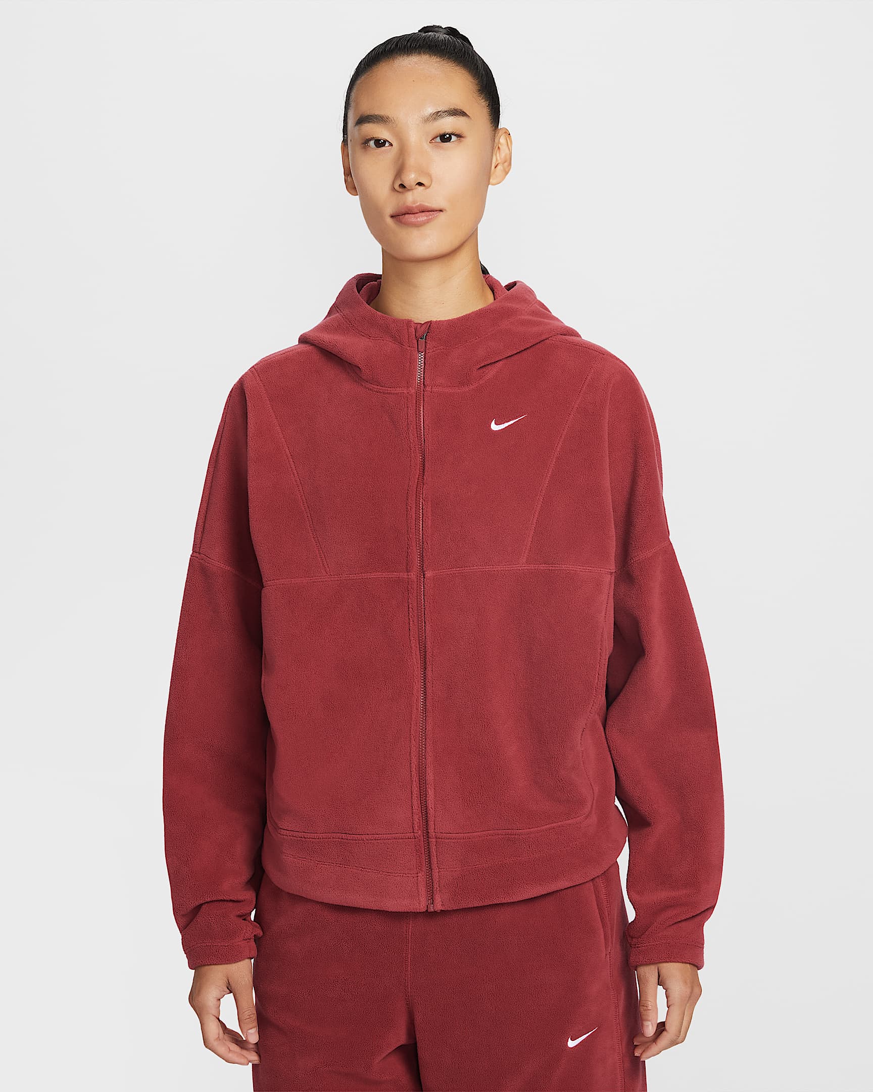 Nike One Therma-FIT 女子摇粒绒全长拉链开襟上衣 - 深队红/白色