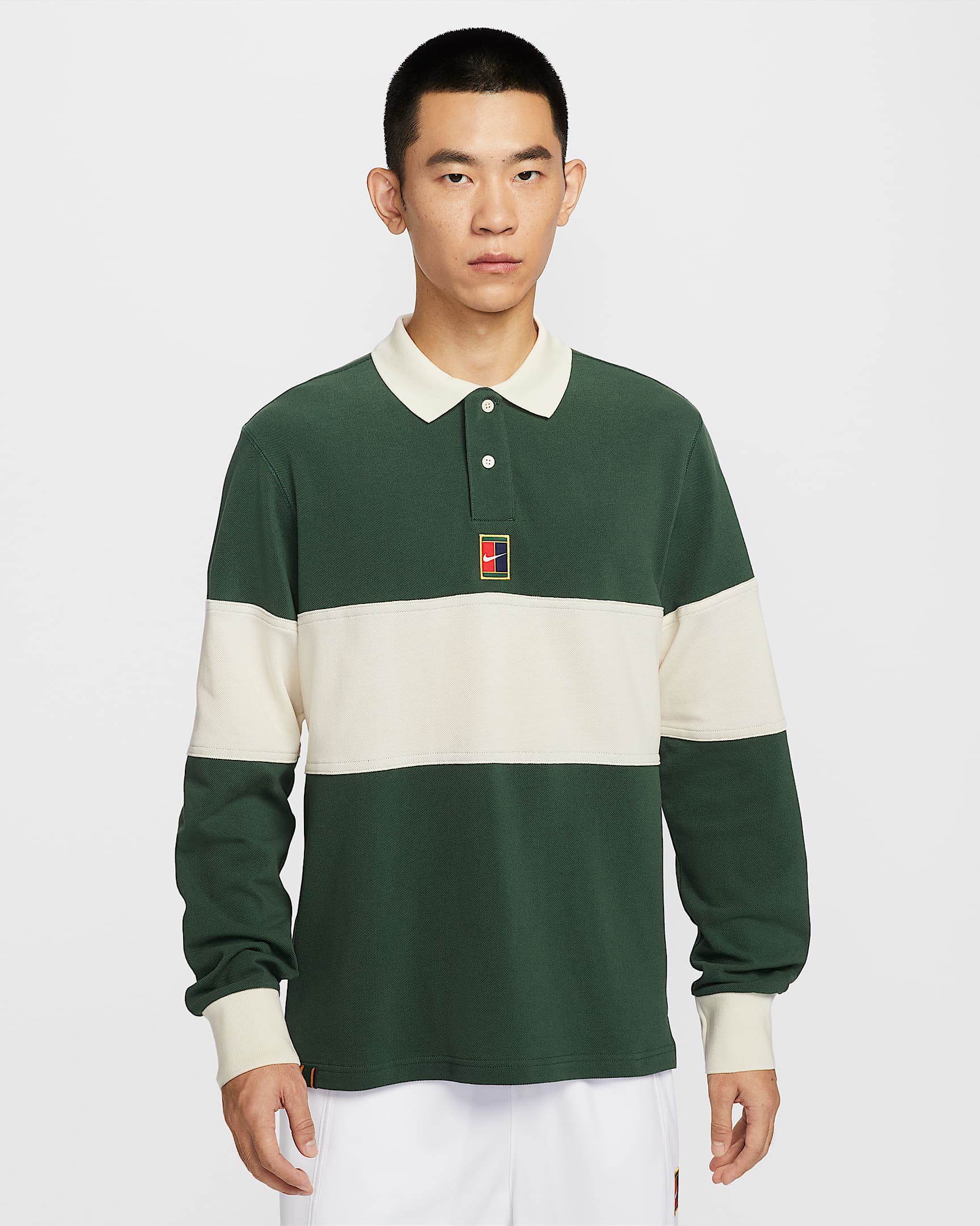 NikeCourt Heritage 男子网球长袖翻领T恤 - 冷杉绿/淡象牙白