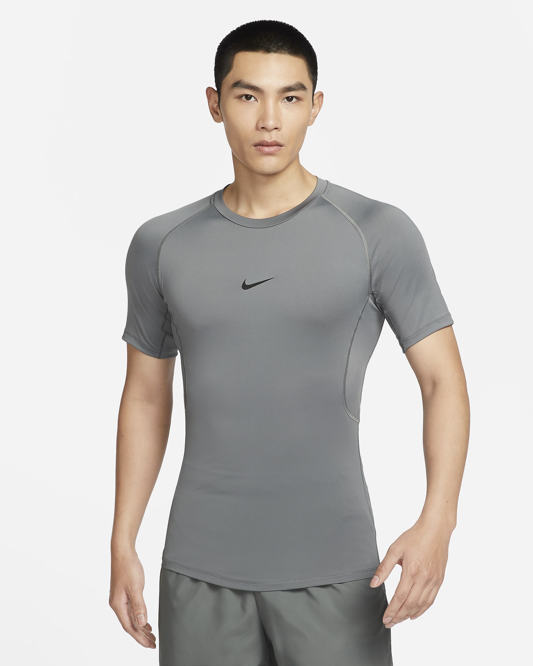 Nike Pro Dri-FIT 男子透气速干紧身短袖训练上衣 - 烟灰/黑