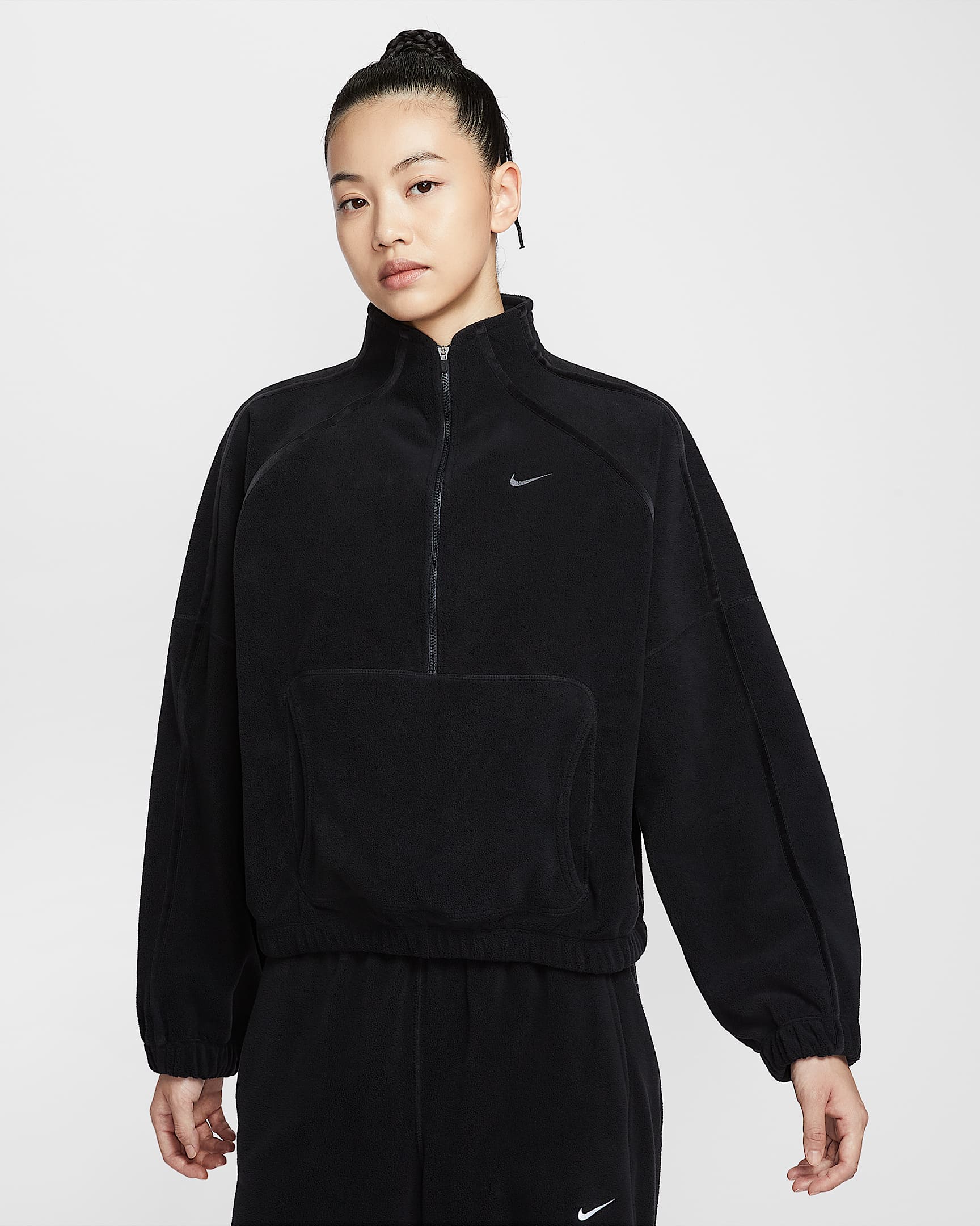 Nike One Therma-FIT 女子摇粒绒半长拉链开襟上衣 - 黑/暗烟灰