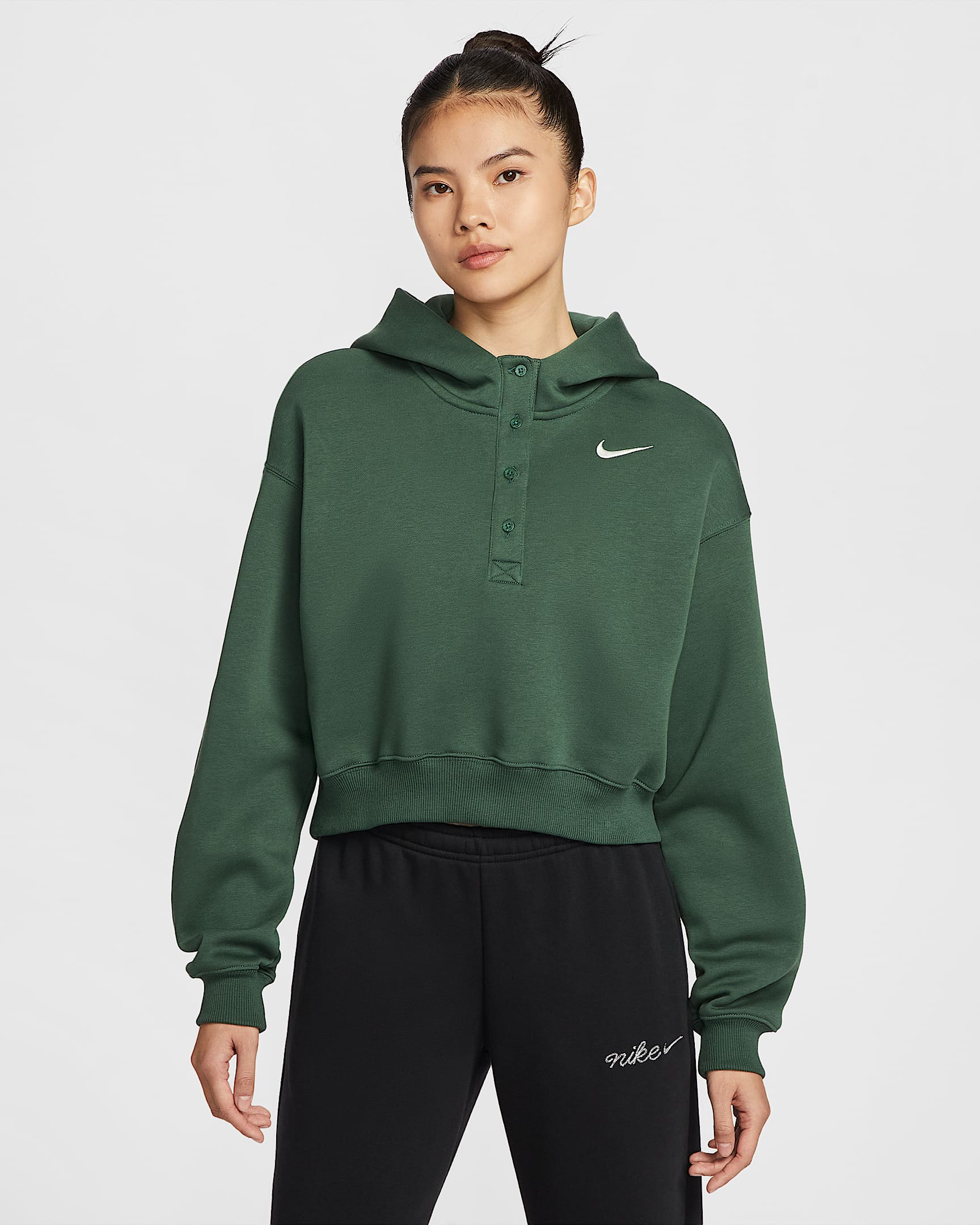 Nike Phoenix Fleece 女子 Oversize 风加绒短款连帽衫 - 冷杉绿/帆白