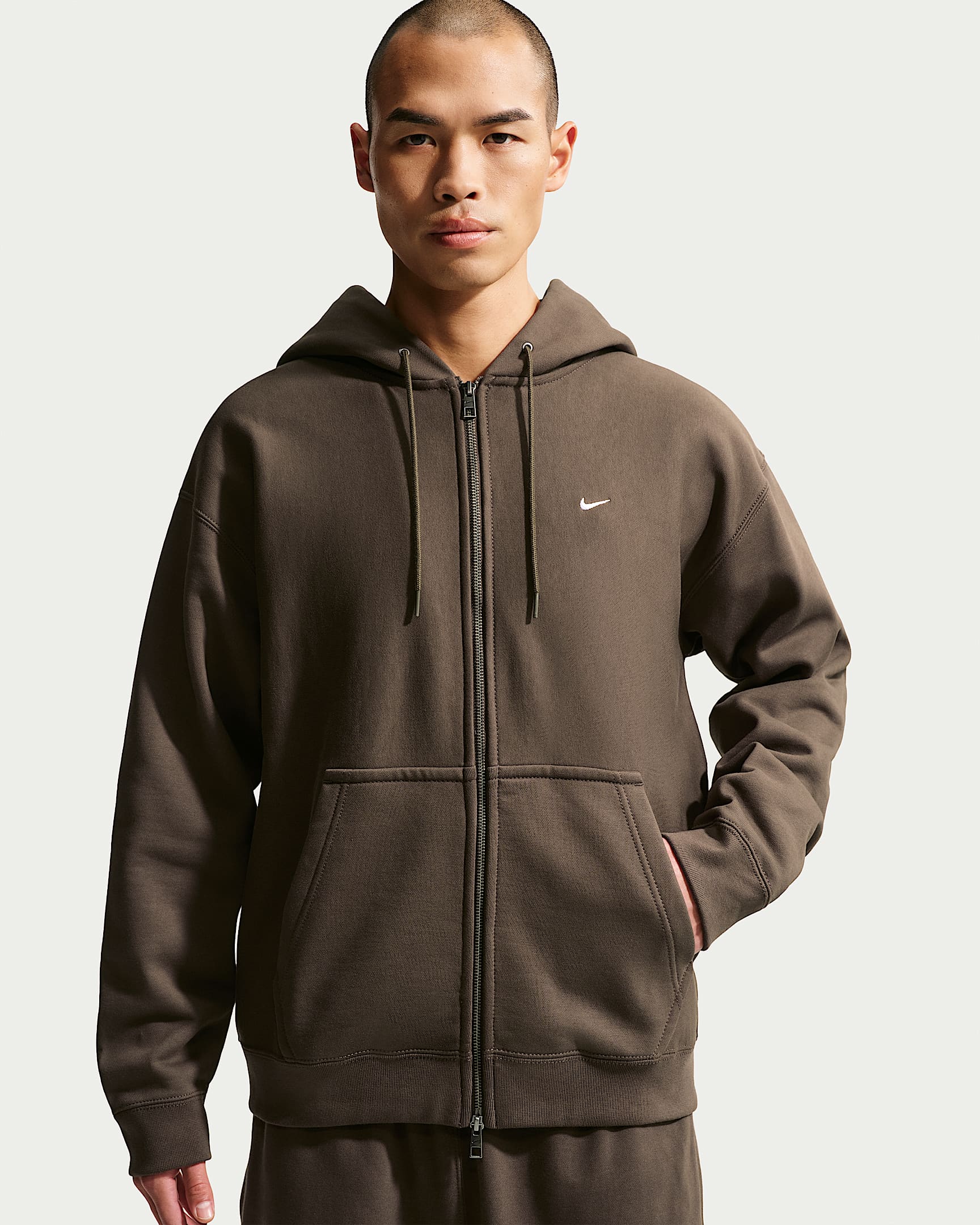 Nike Solo Swoosh 男子全长拉链开襟加绒连帽衫 - 暗褐/白色