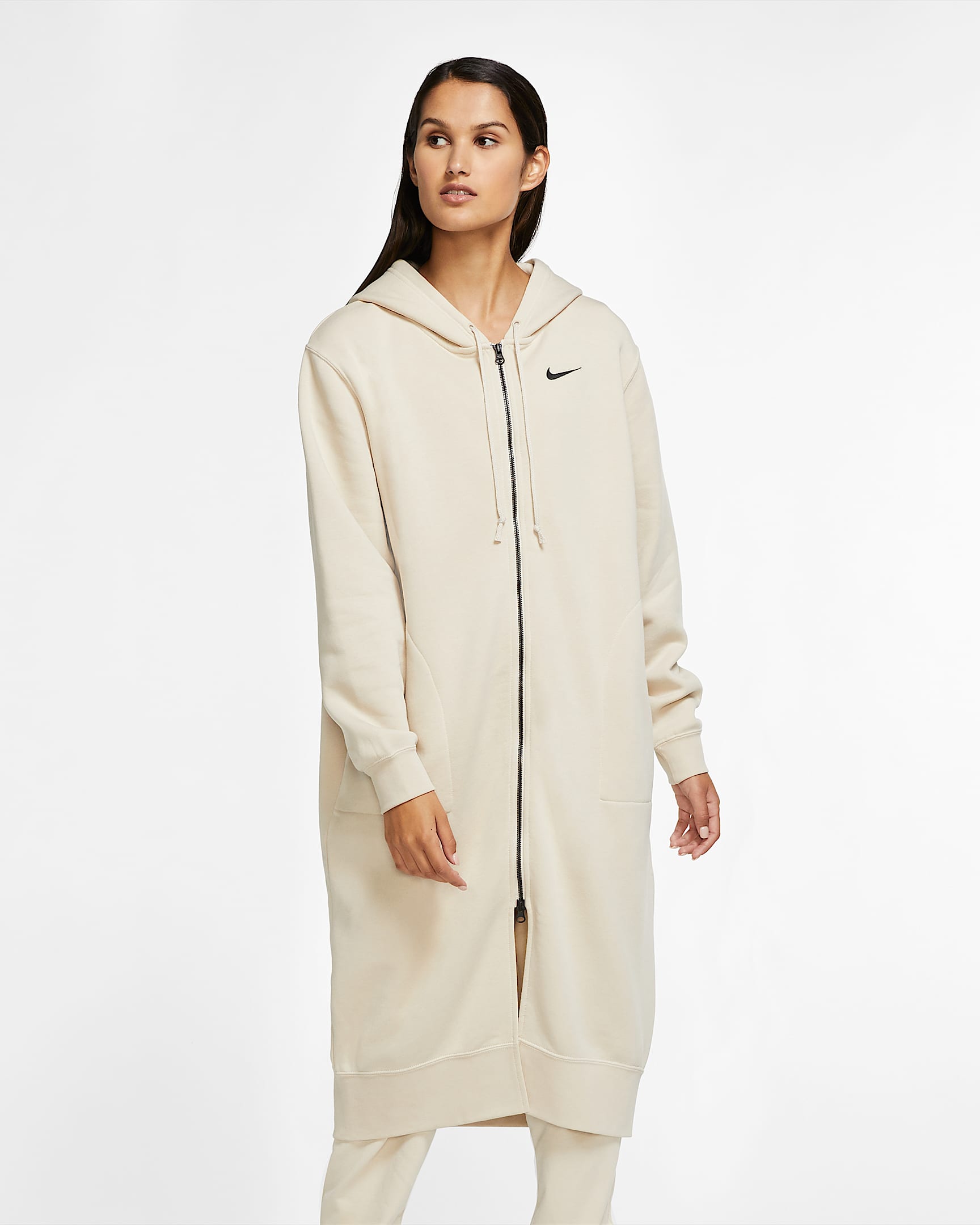 Nike Sportswear 女子长款全长拉链开襟起绒外套 - 燕麦色/黑