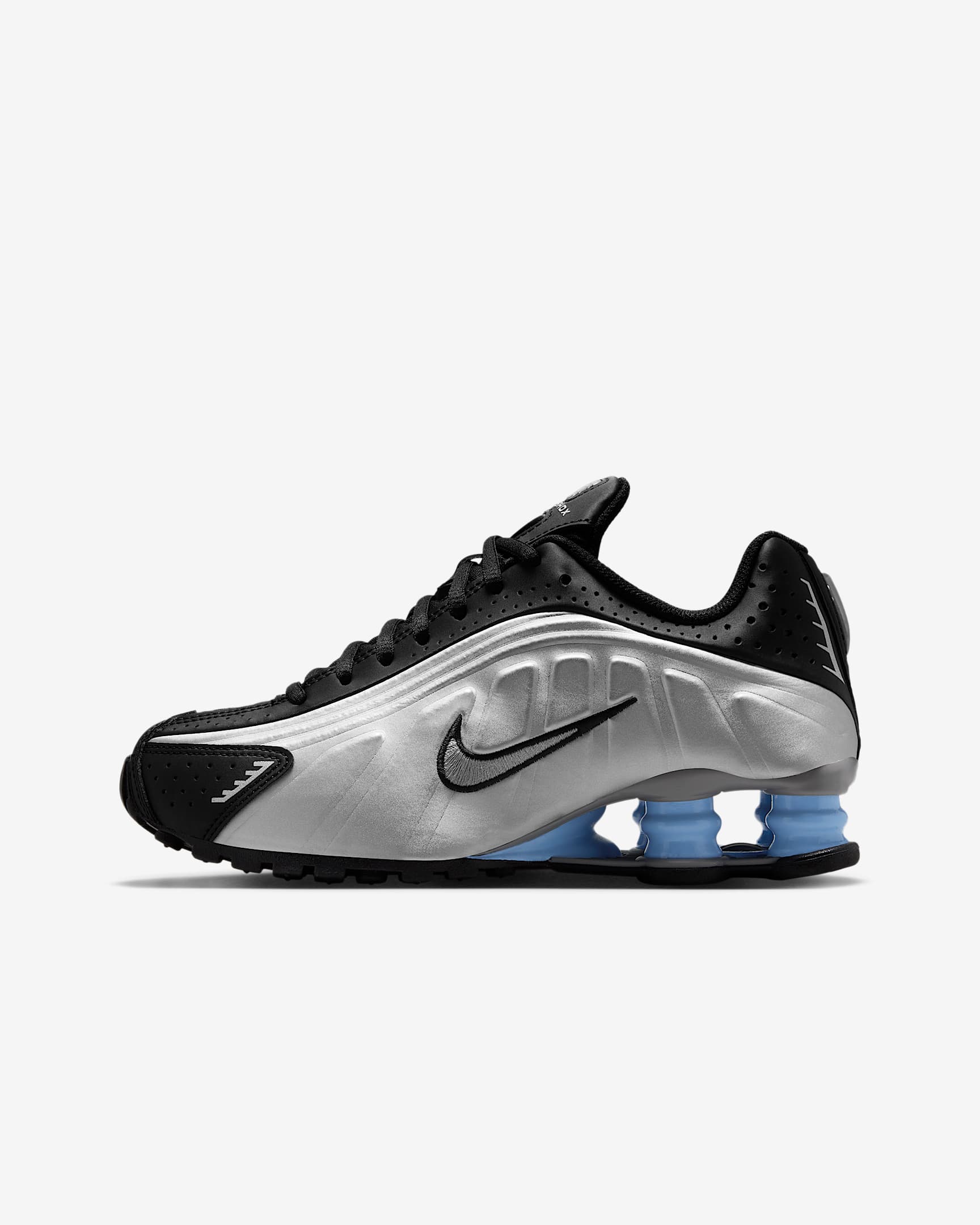 Nike Shox R4 大童气柱运动鞋 - 金属银/黑/心灵蓝/金属银