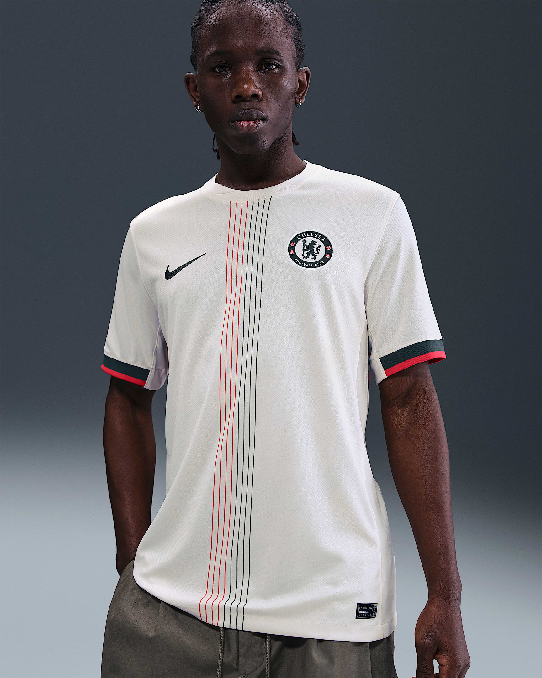 2025/26 赛季切尔西客场球迷版 Nike Dri-FIT 男子速干足球球衣 - 幻影灰白/速度红/银河绿/银河绿