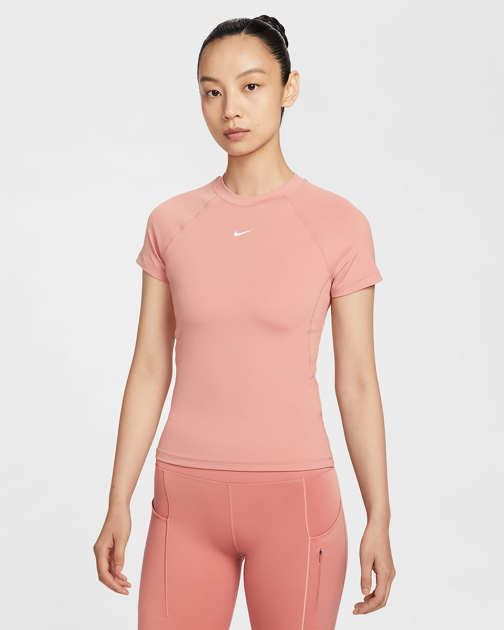Nike Pro Dri-FIT 女子速干紧身短袖训练上衣 - 锈粉/白色