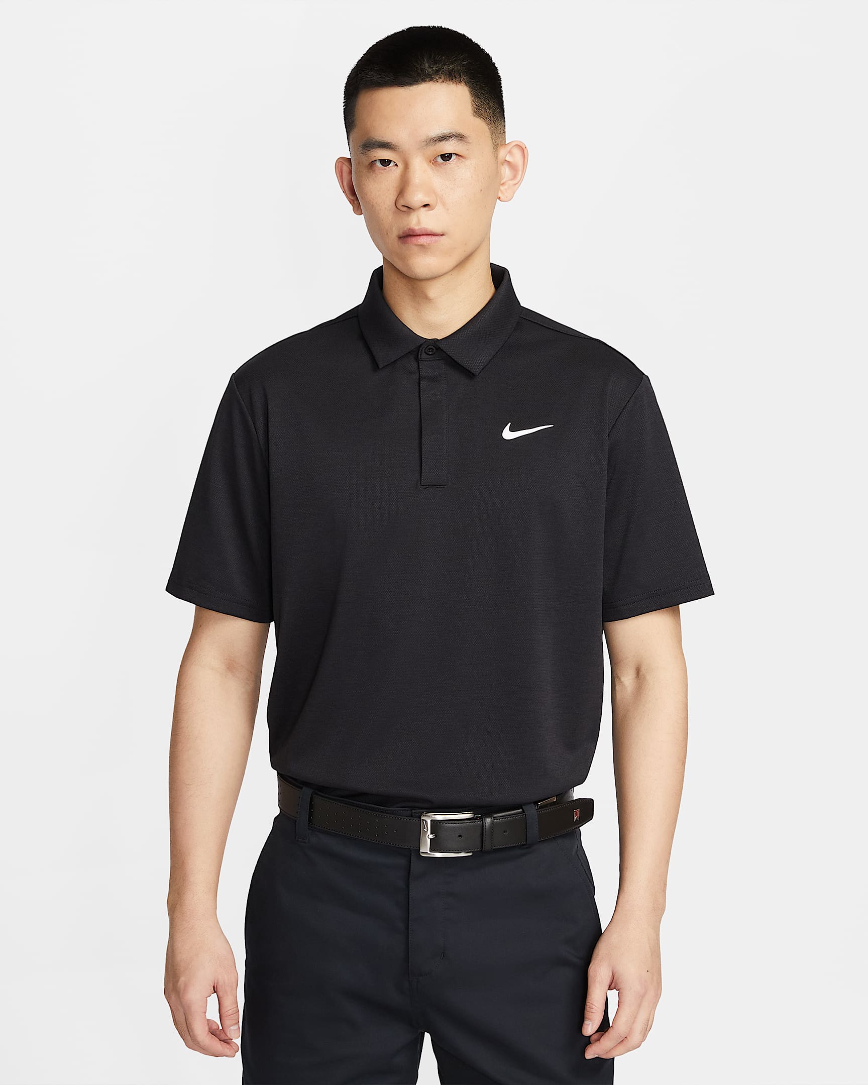 Nike Tour Dri-FIT 男子速干提花高尔夫翻领T恤 - 黑/黑/白色