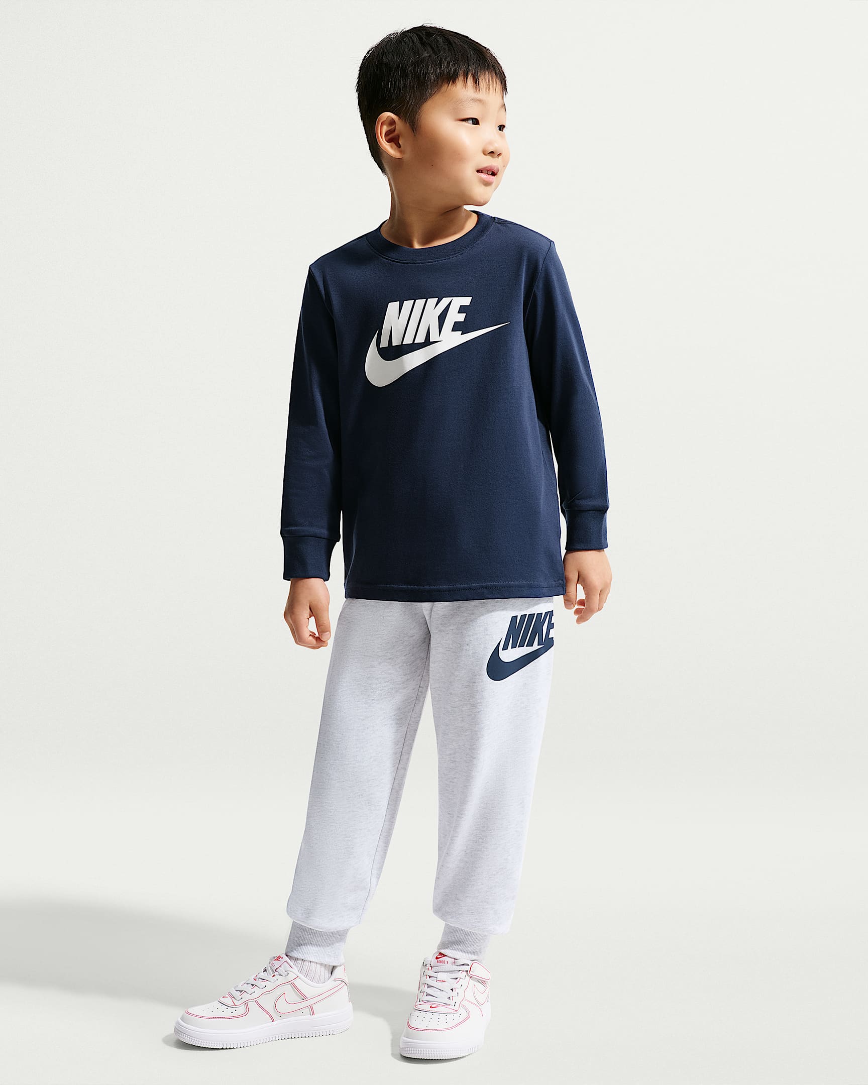 Nike 幼童长袖T恤和法式毛圈长裤套装 - 调色桦树色/深海蓝/白色