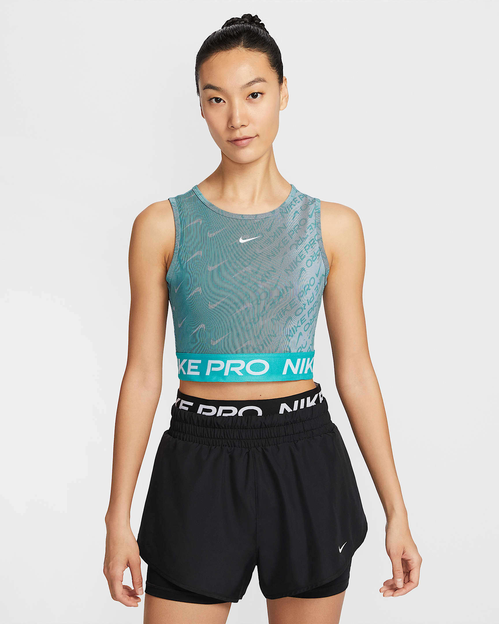 Nike Pro Dri-FIT 女子速干短款印花训练背心 - 仙人掌绿/烟灰蓝/白色