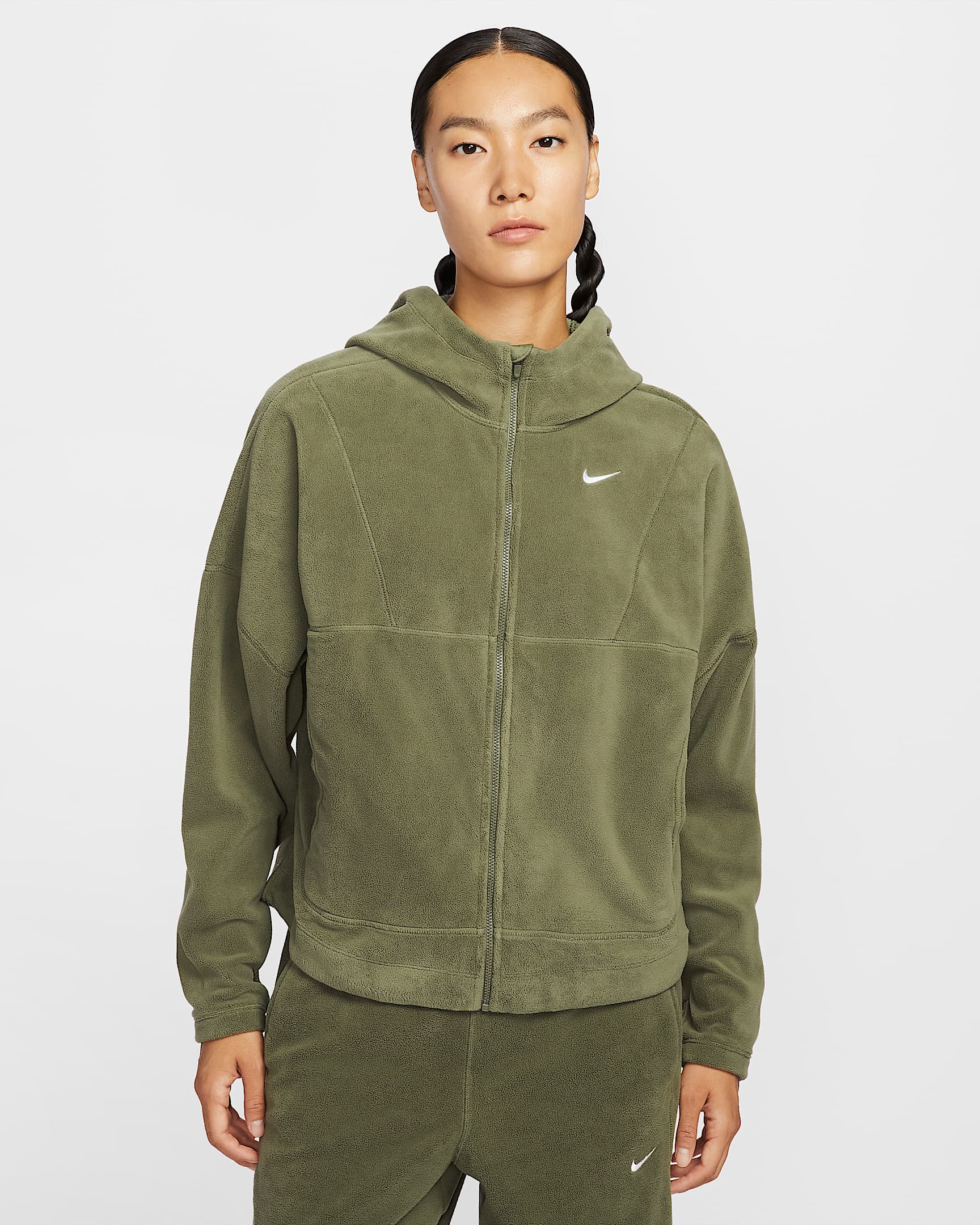 Nike One Therma-FIT 女子摇粒绒全长拉链开襟上衣 - 中橄榄绿/白色