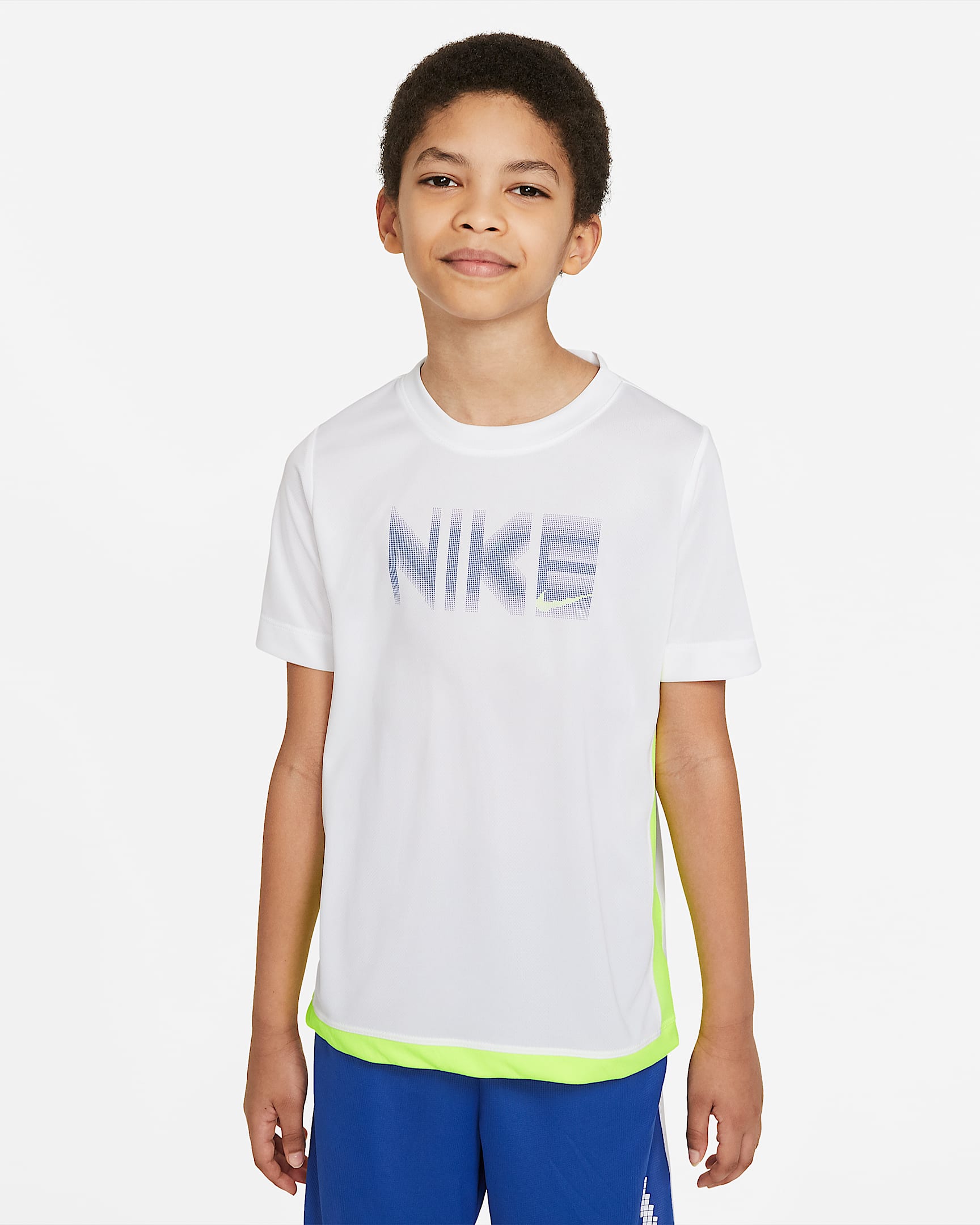 Nike Trophy 大童(男孩)短袖印花上衣 - 白色/荧光黄/游戏宝蓝/荧光黄