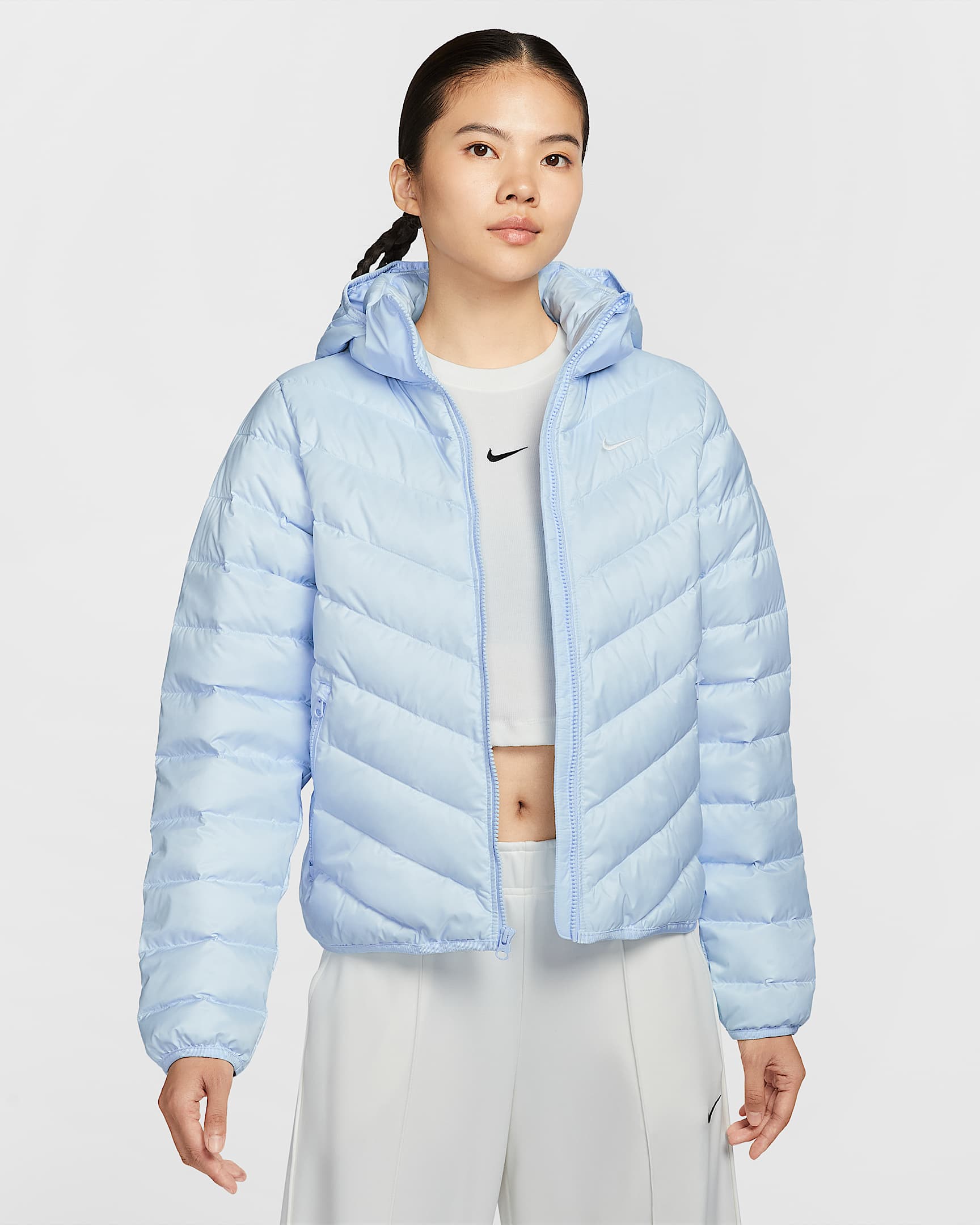 Nike Sportswear Windpuffer Therma-FIT 耐克暖风轻羽绒系列女子拒水羽绒连帽夹克 - 天青石蓝/帆白
