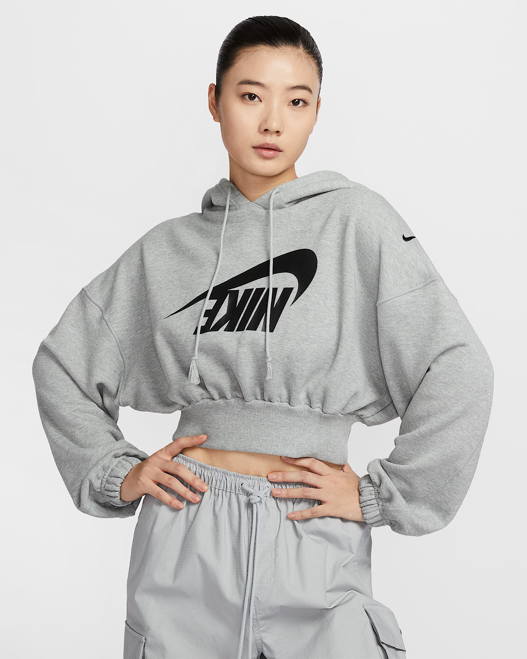 Nike Sportswear 女子 Oversize 风短款法式毛圈套头连帽衫 - 调色暗灰/黑