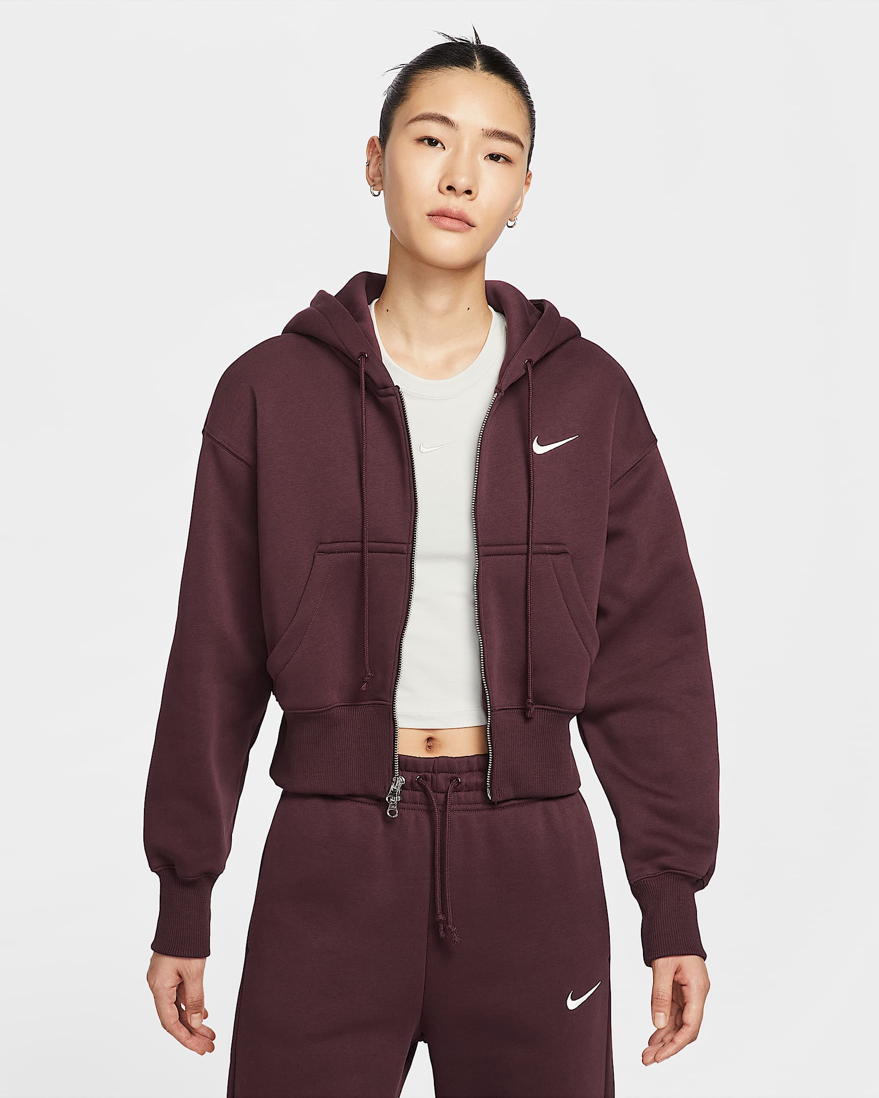 Nike Sportswear Phoenix Fleece 女子宽松全长拉链开襟短款加绒连帽衫 - 鲜亮勃艮第酒红/帆白