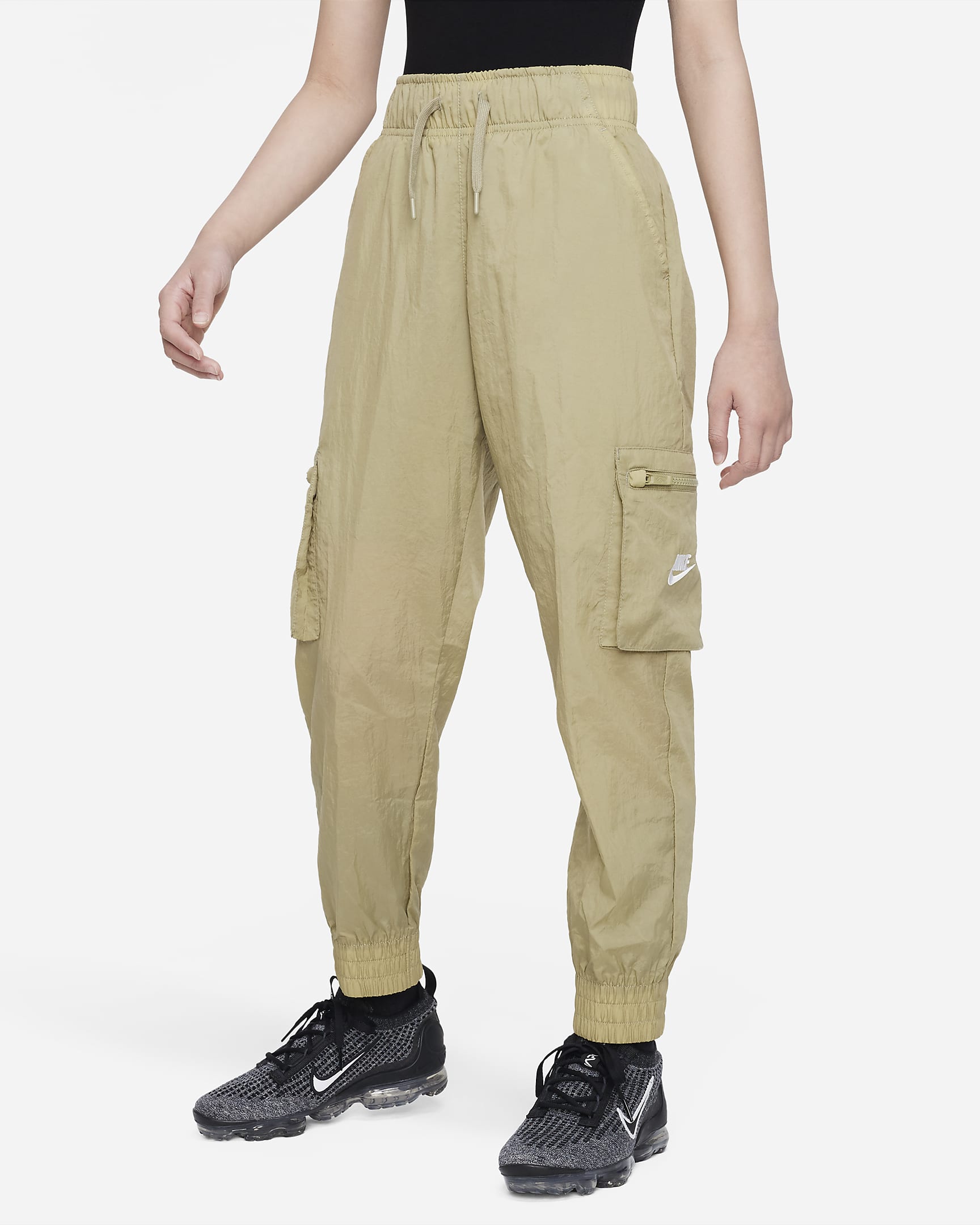 Nike Sportswear 大童(女孩)梭织工装长裤 - 橄榄绿/白色