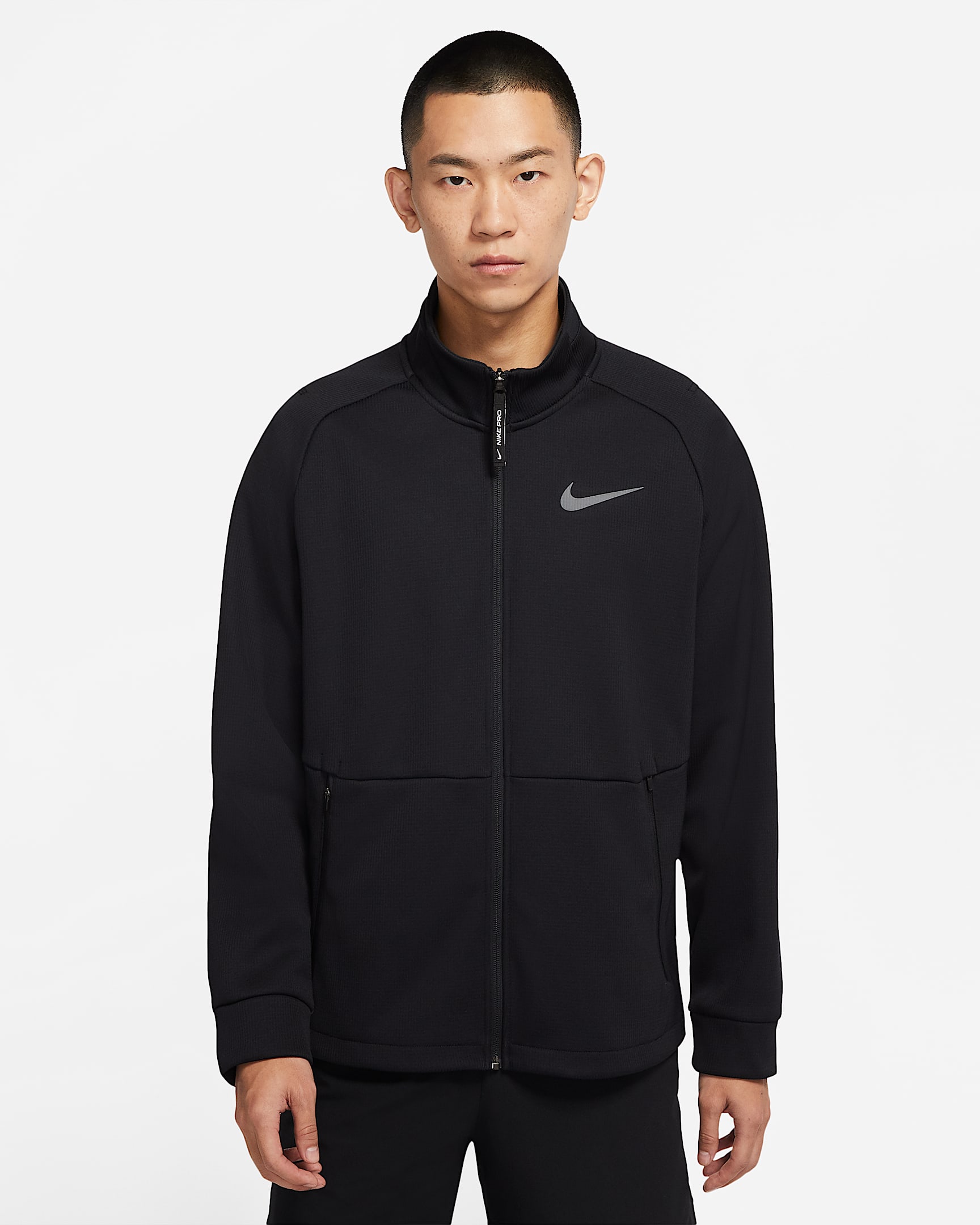Nike Pro Therma-FIT 男子加绒保暖全长拉链开襟长袖训练上衣 - 黑/黑/铁灰