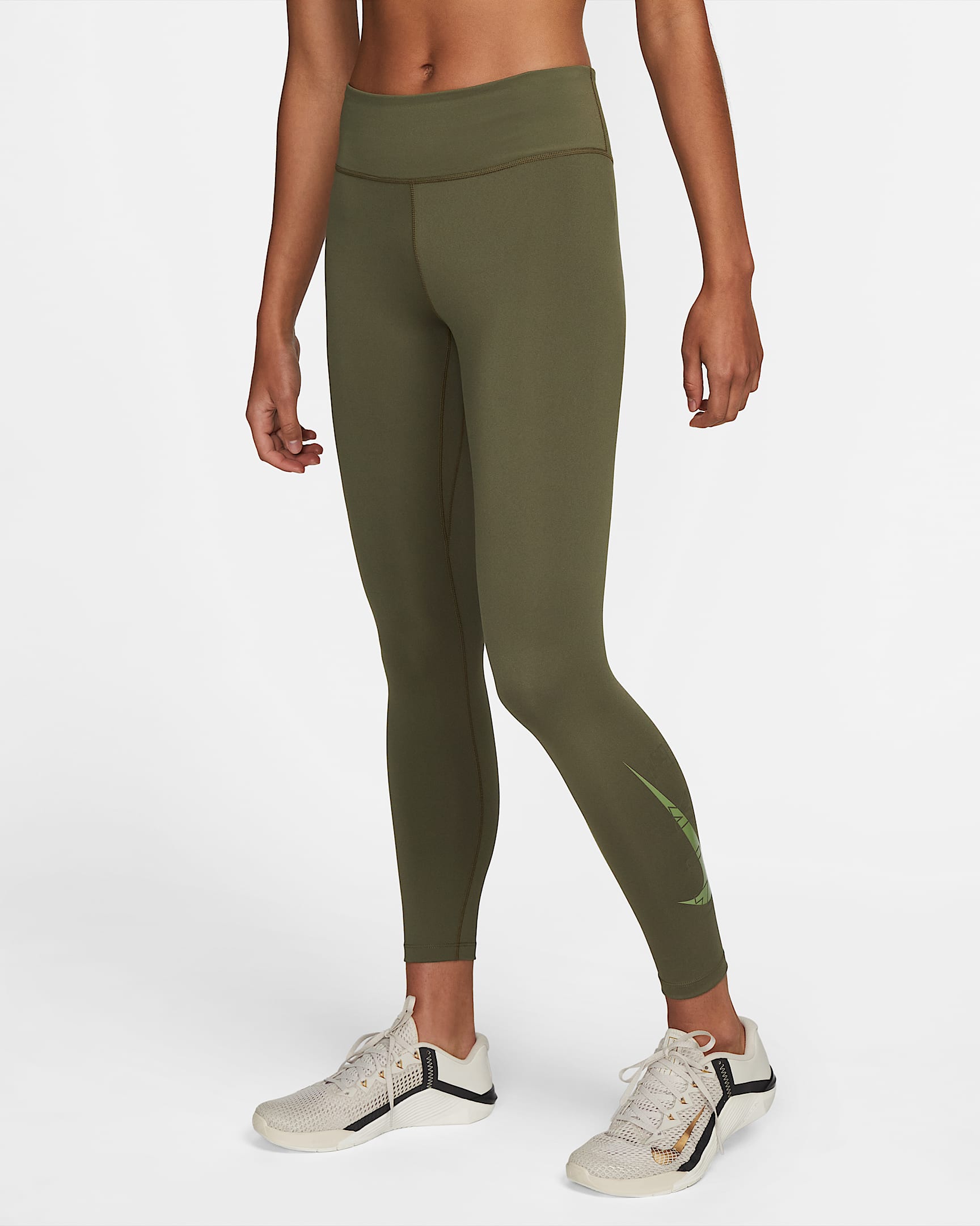 Nike One 女子中腰印花训练九分紧身裤 - 中橄榄绿/野外绿