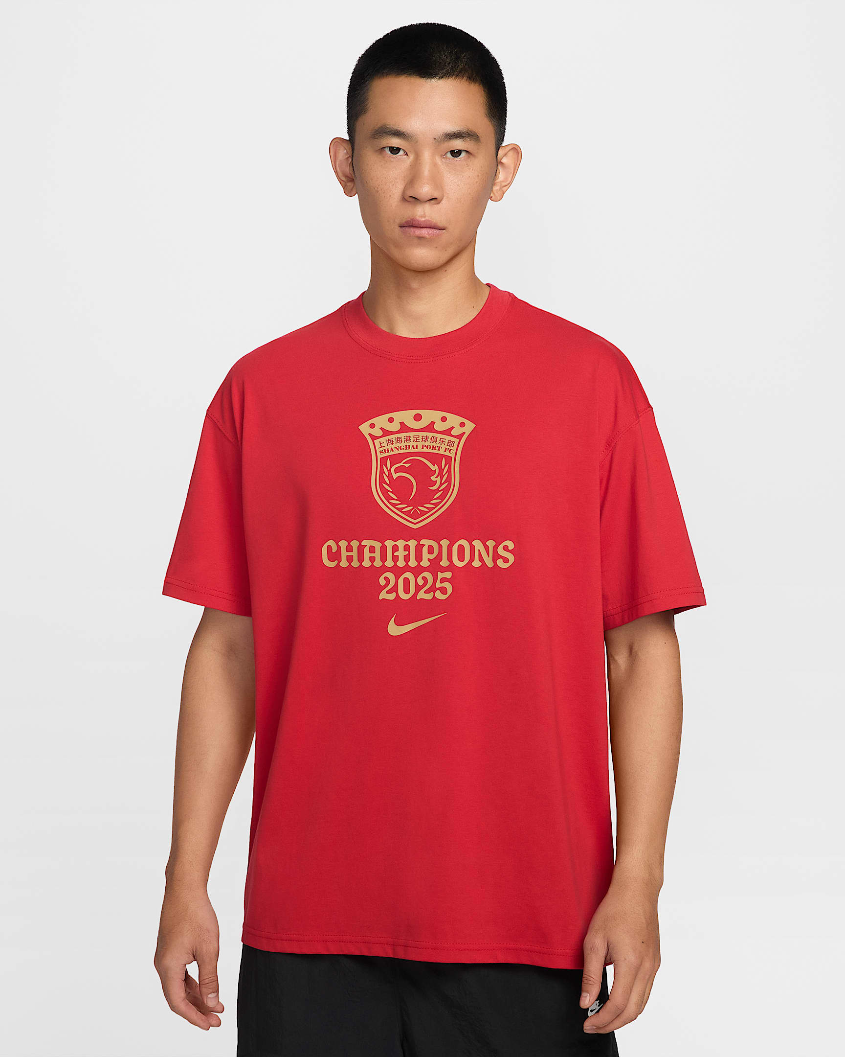 CSL 上海海港队中超冠军男子足球T恤 - 运动红/金属色