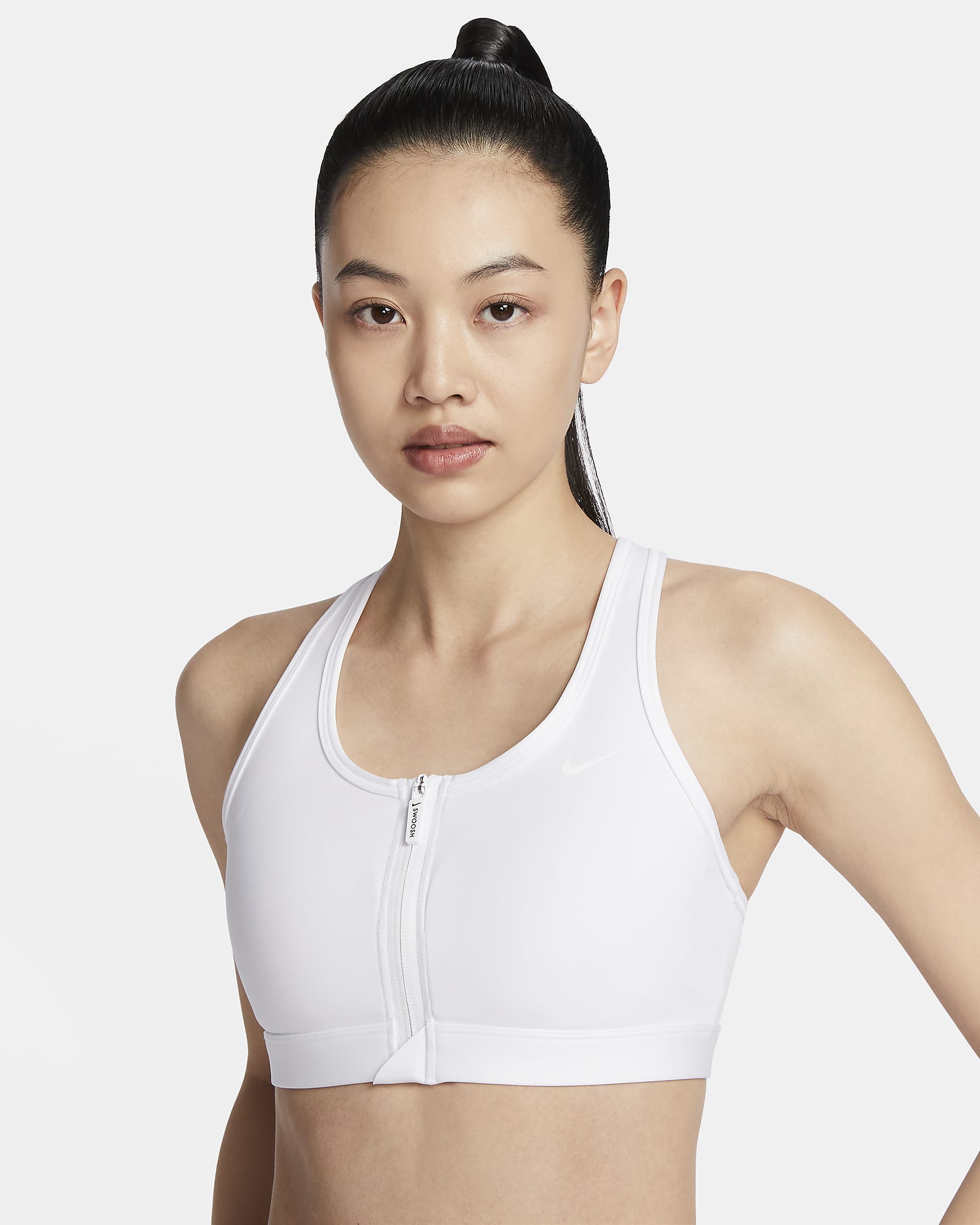Nike Swoosh 女子中强度支撑透气速干衬垫前拉链易穿脱运动内衣 - 白色/淡紫粉/白色