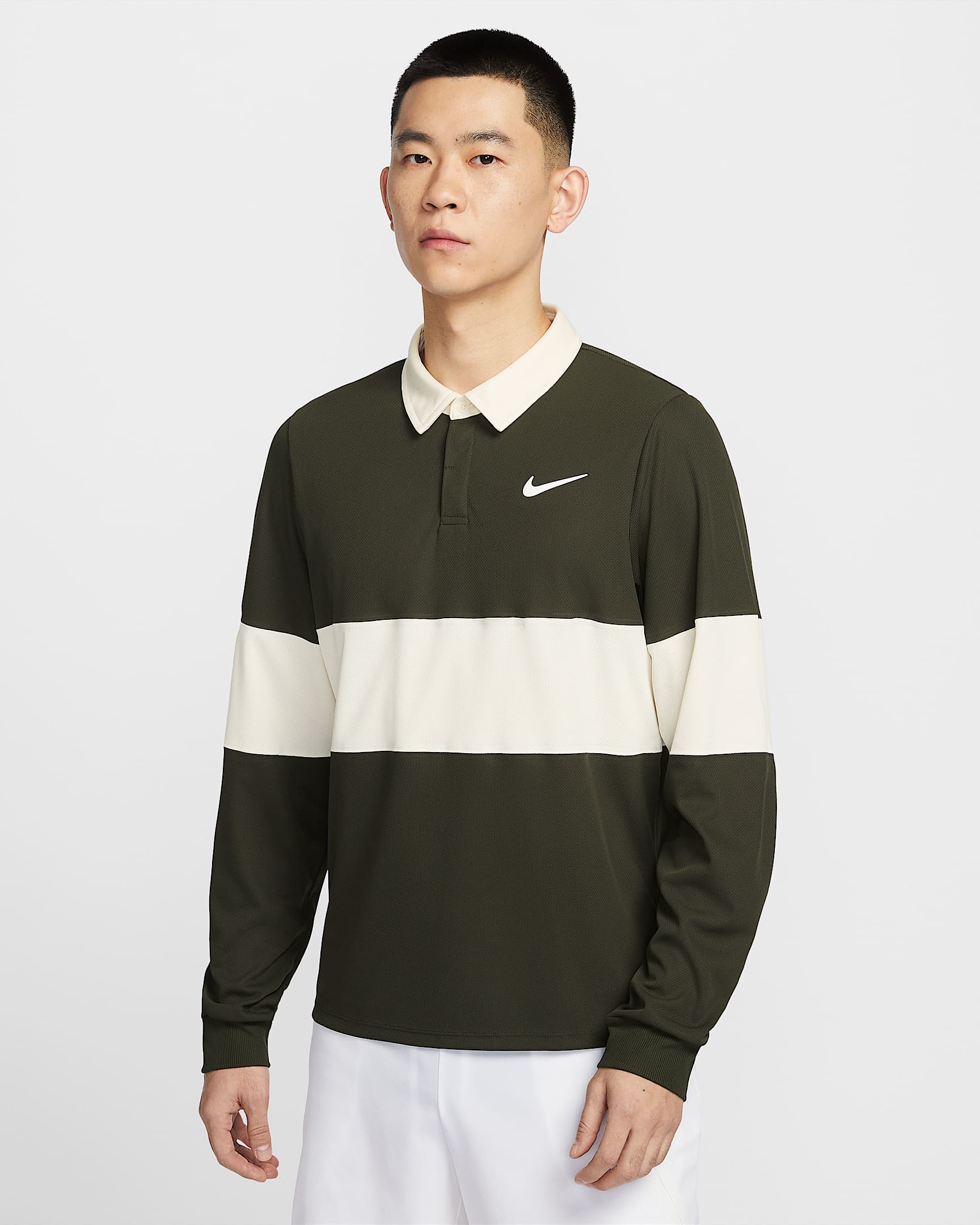 NikeCourt Slam Dri-FIT ADV 男子速干网球长袖翻领T恤 - 红杉绿/淡象牙白/白色