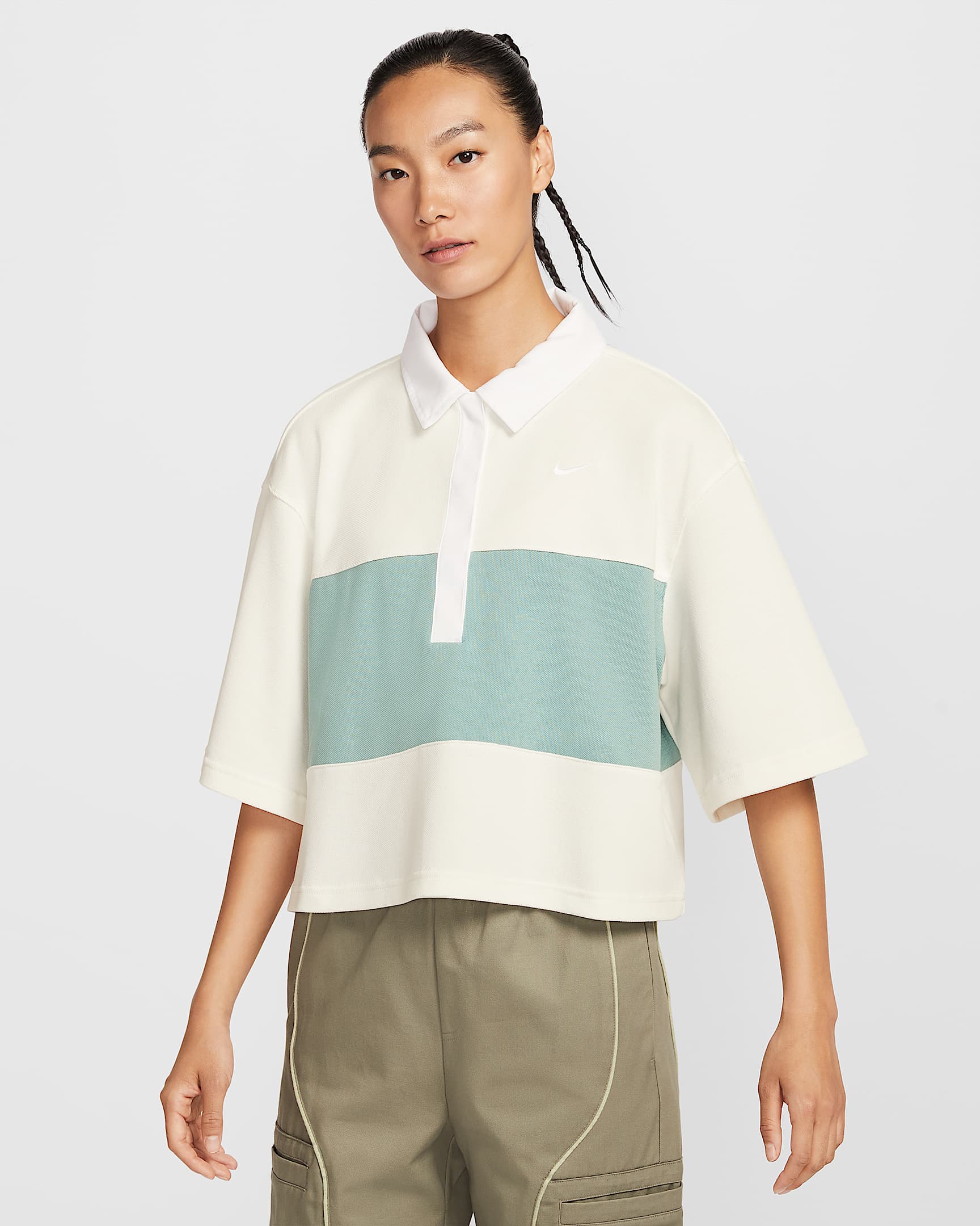 Nike Sportswear 女子 Oversize 风短袖翻领上衣 - 帆白/大炮灰/白色/白色