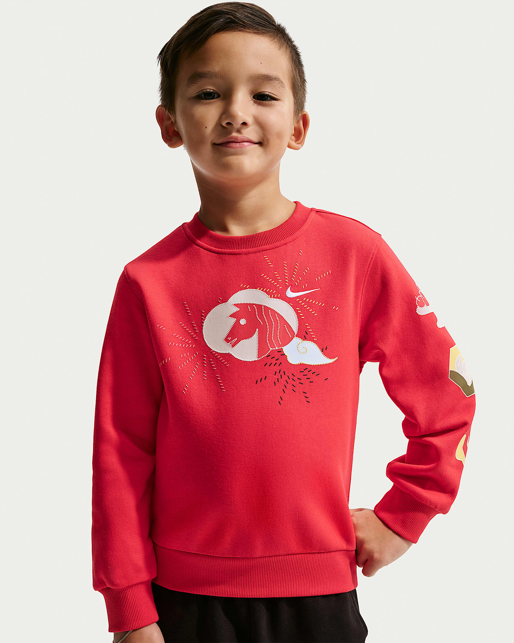 Nike Sportswear Club 马年限定脱缰系列新年款幼童加绒圆领上衣 - 大学红/白色/黄色/白色