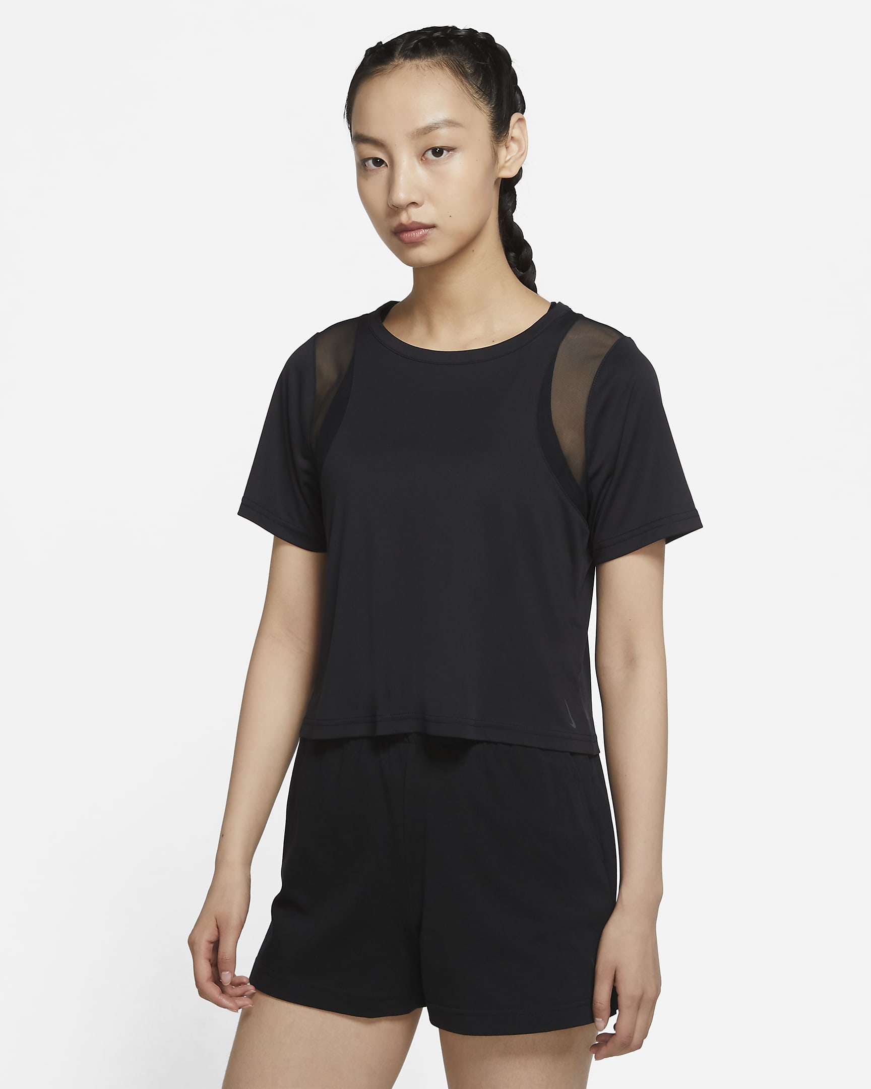 Nike Yoga Dri-FIT Mesh 女子短袖上衣 - 黑/暗烟灰
