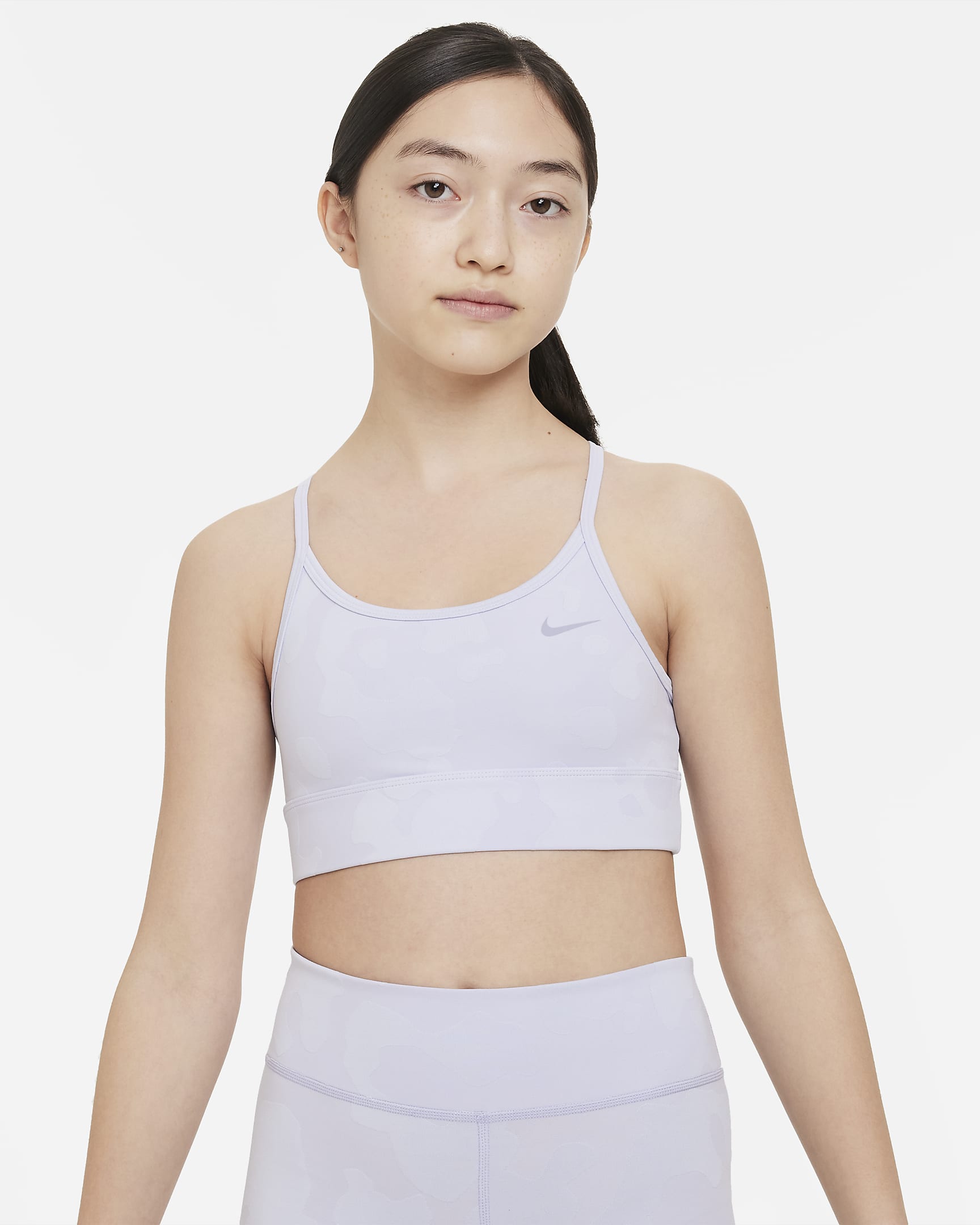 Nike Dri-FIT Indy 大童(女孩)速干运动内衣 - 氧气紫/薄雾灰蓝