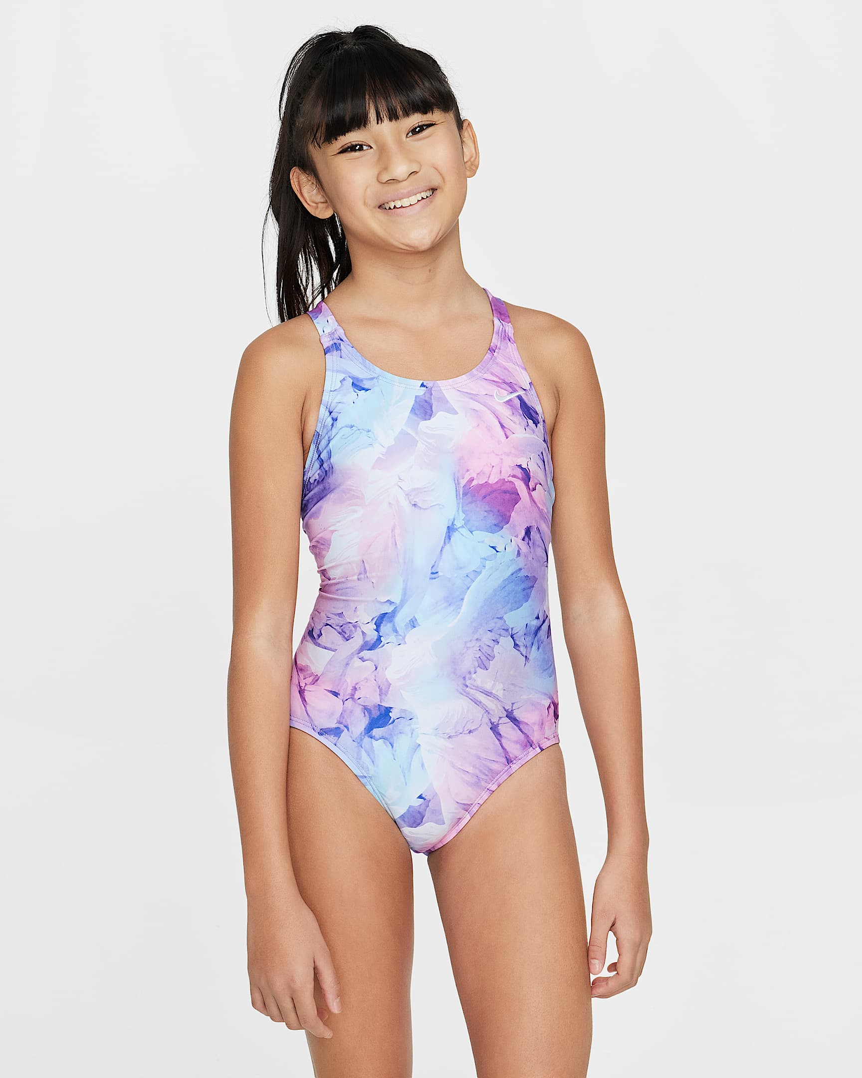 Nike Swim HydraStrong 大童(女孩)简约露背连体泳衣 - 彩虹色/绣球花紫/白色