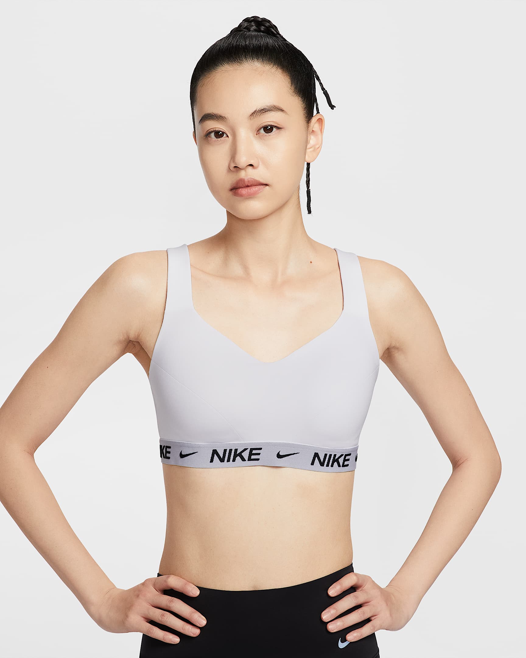 Nike Indy 女子高强度支撑透气速干衬垫可调节运动内衣 - 白色/淡紫粉/黑