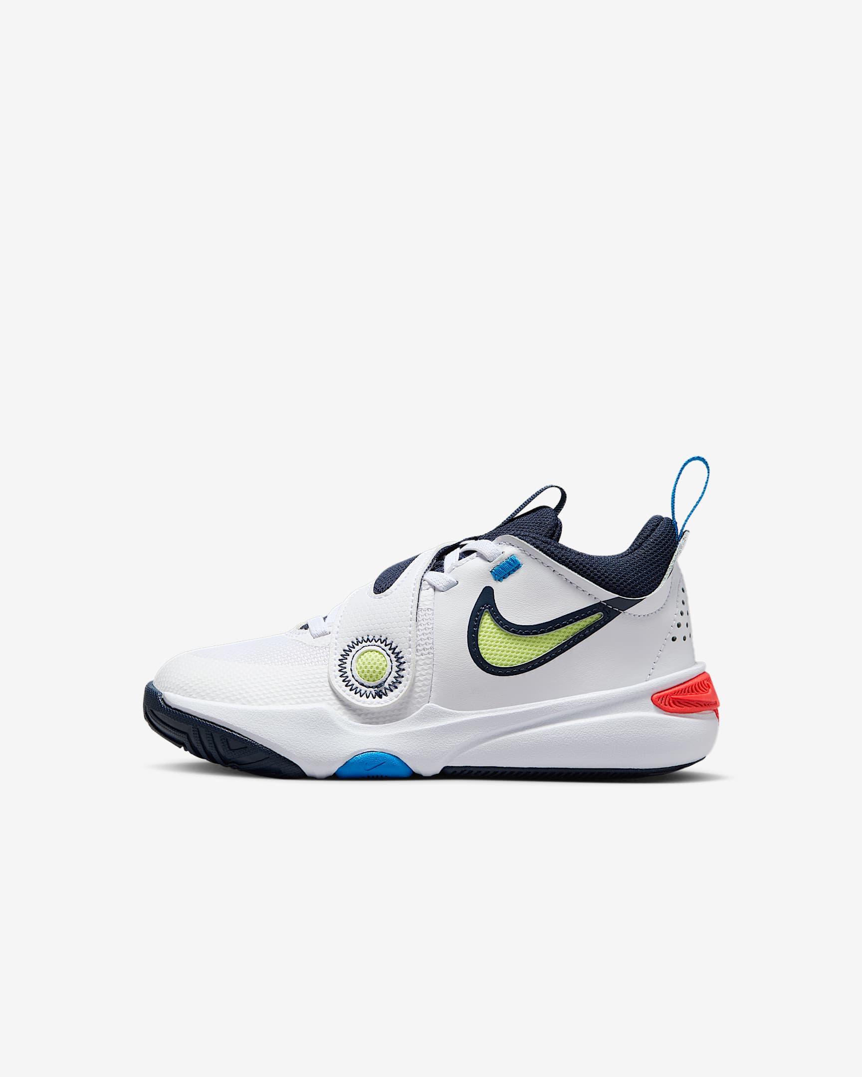 Nike Team Hustle D 11 幼童魔术贴易穿脱运动鞋入门篮球鞋 - 白色/亮深红/清透蓝/浅柠檬黄