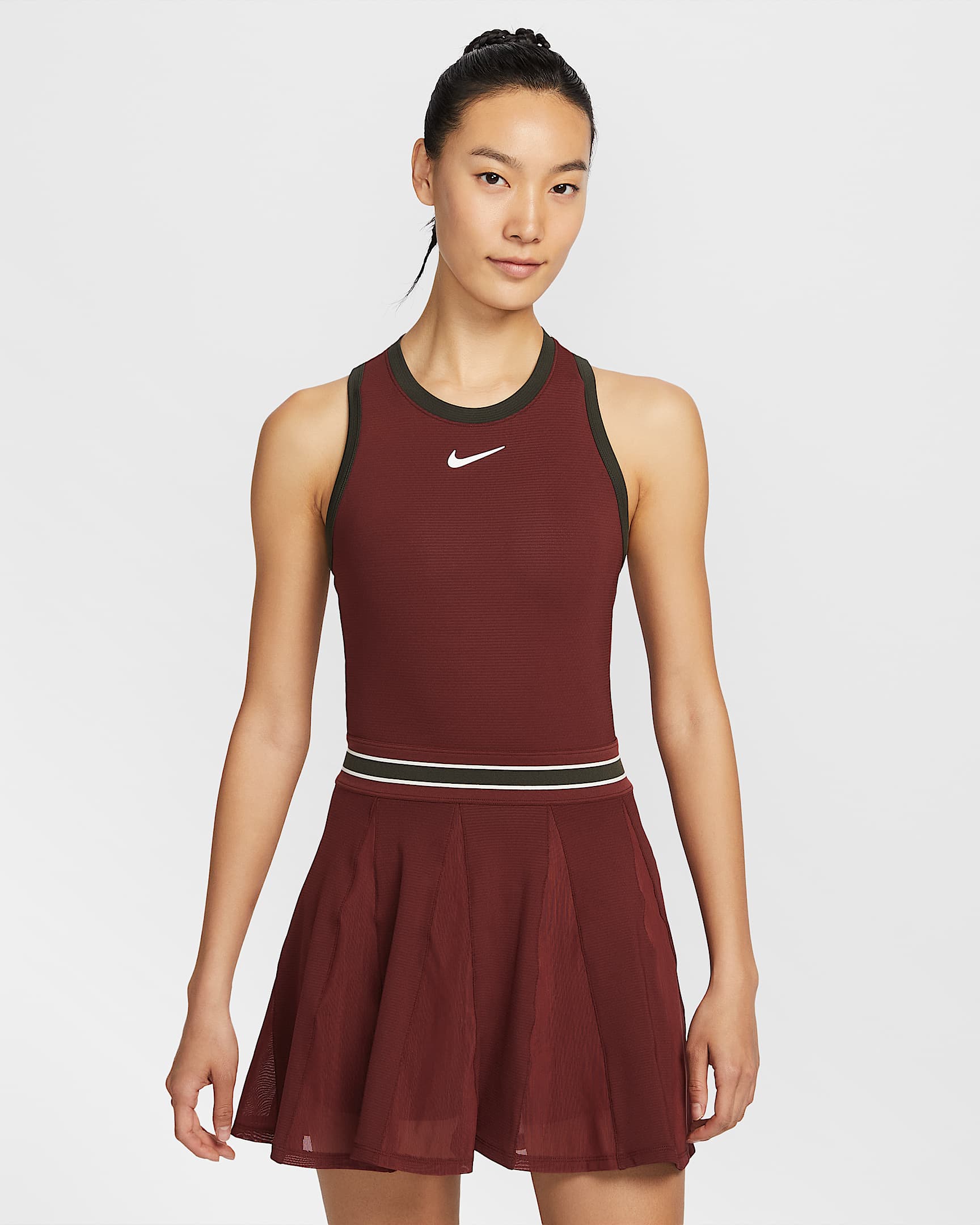 NikeCourt Slam Dri-FIT 女子速干网球连衣裙 - 暗队红/红杉绿/暗队红/白色