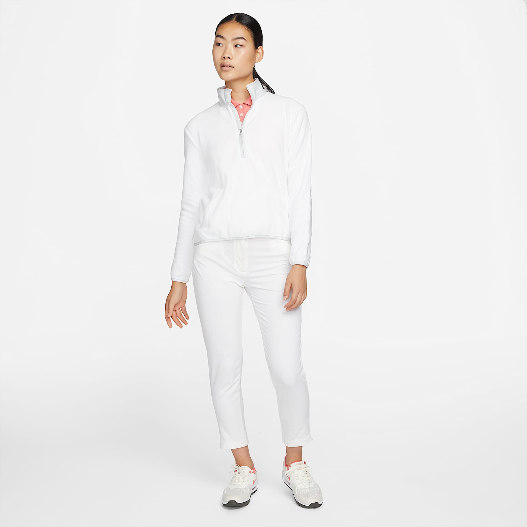 Nike Therma-FIT Victory 女子摇粒绒长袖半长拉链开襟高尔夫上衣 - 白色/尘光子色/白色