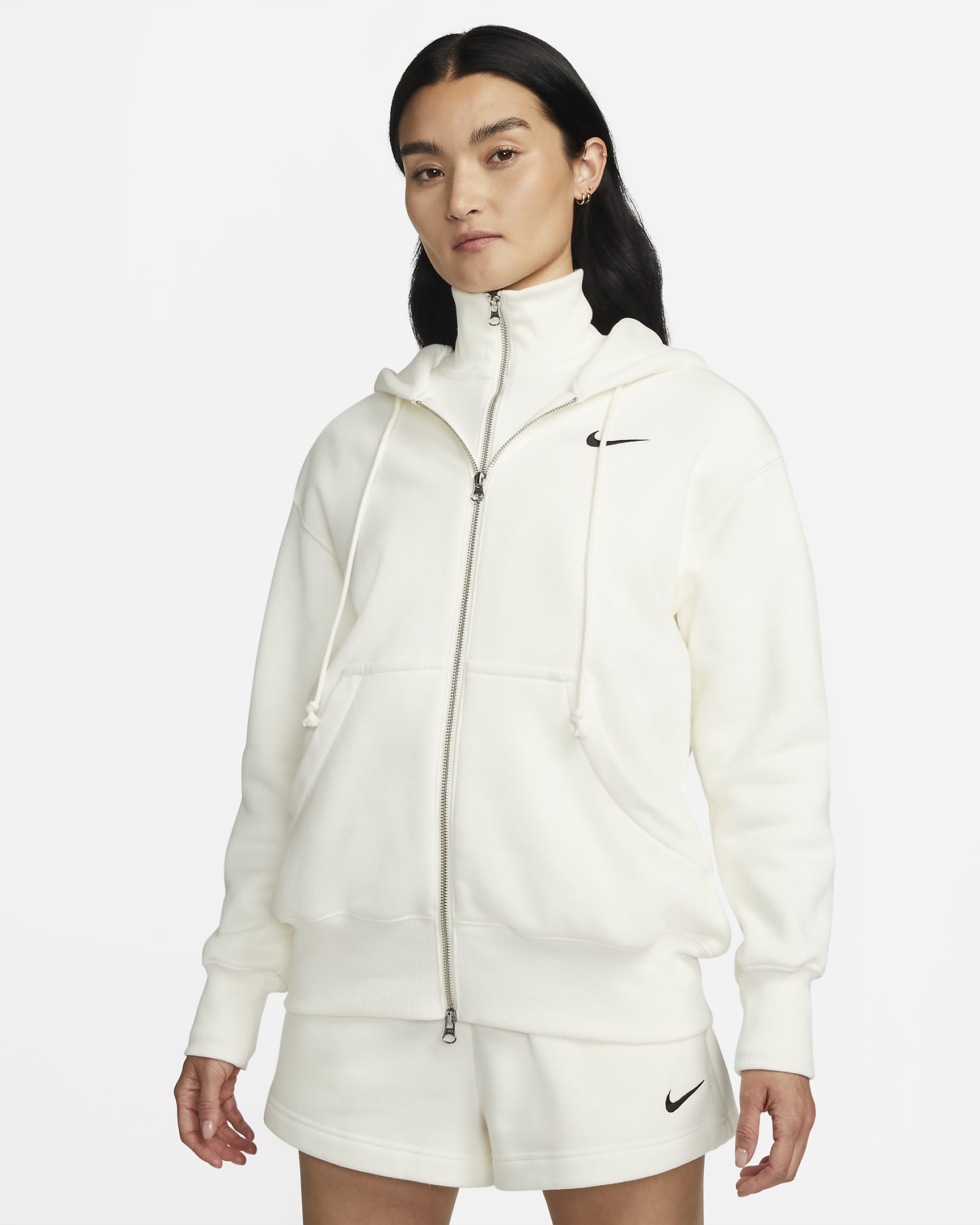 Nike Sportswear Phoenix Fleece 女子 Oversize 风全长拉链开襟加绒连帽衫 - 帆白/黑