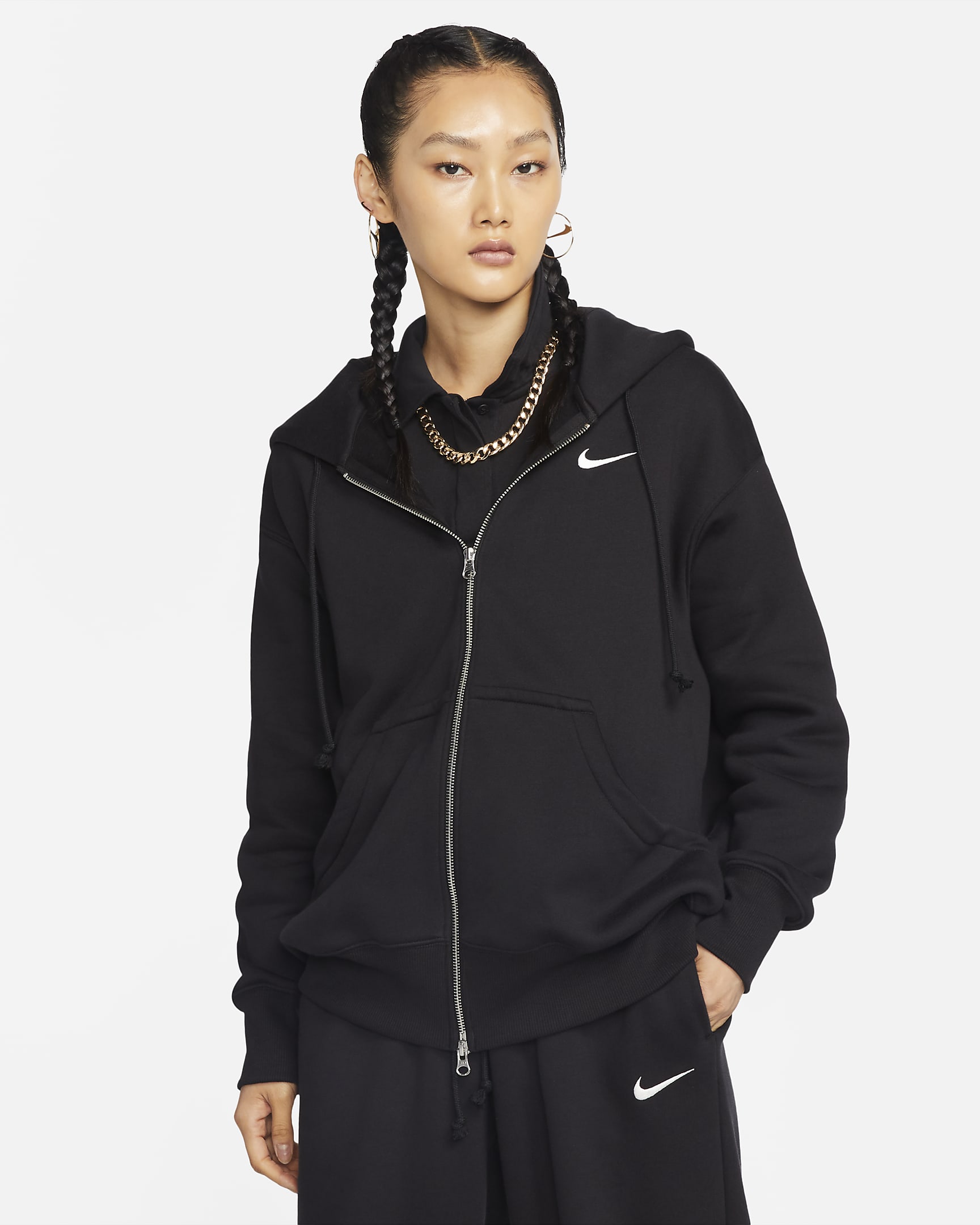 Nike Sportswear Phoenix Fleece 女子 Oversize 风全长拉链开襟加绒连帽衫 - 黑/帆白