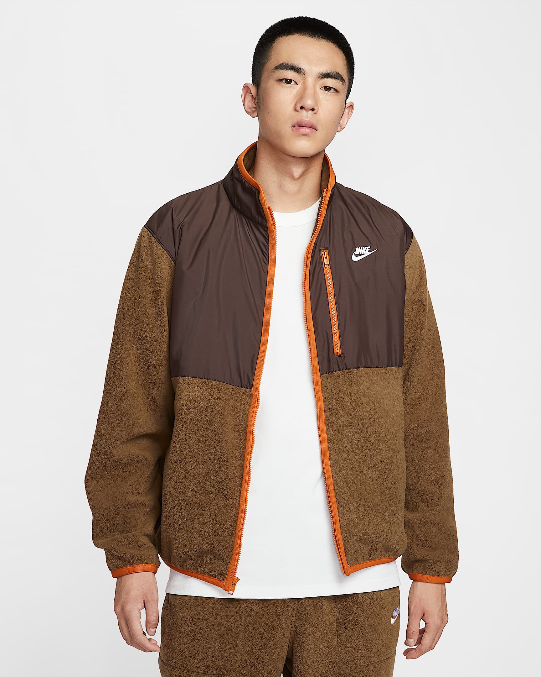 Nike Sportswear Club 男子冬季款全长拉链开襟摇粒绒夹克 - 苔木棕色/巴洛克棕/白色