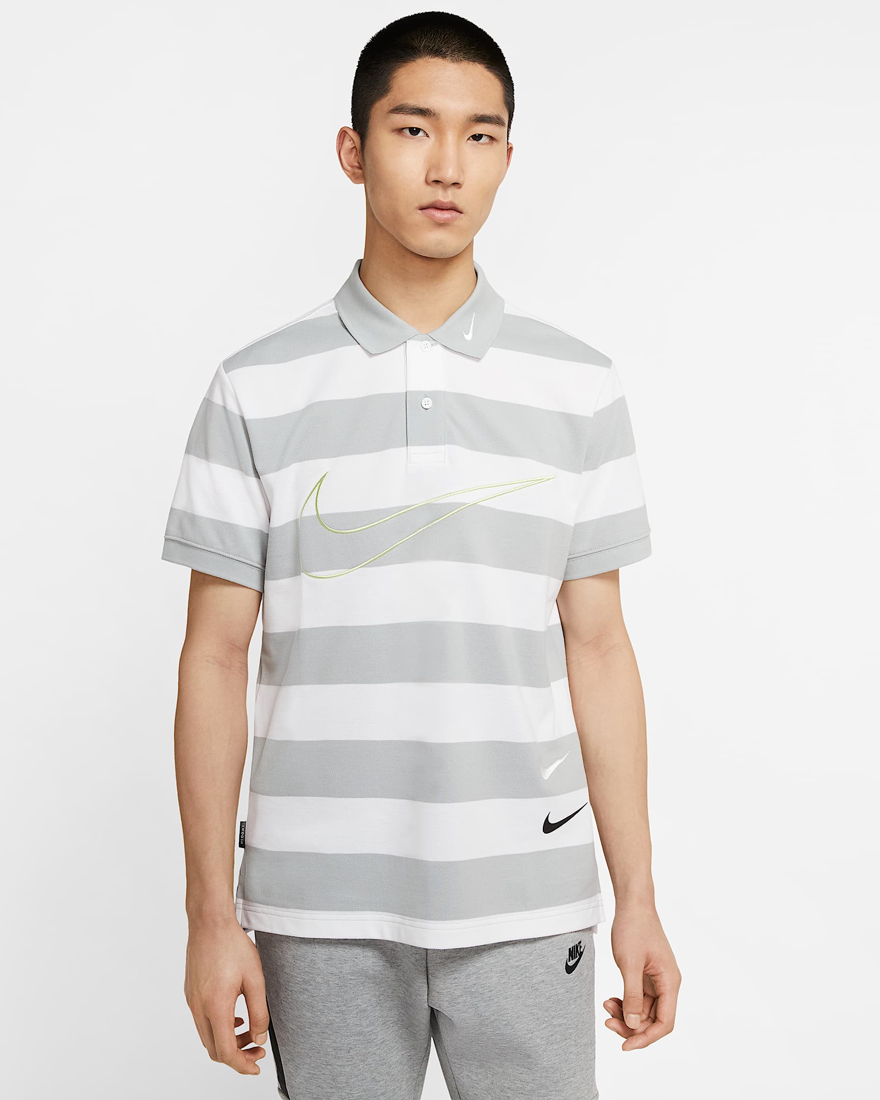 Nike Sportswear Swoosh 男子针织翻领T恤 - 浅烟灰/白色/浅烟灰/微黄绿