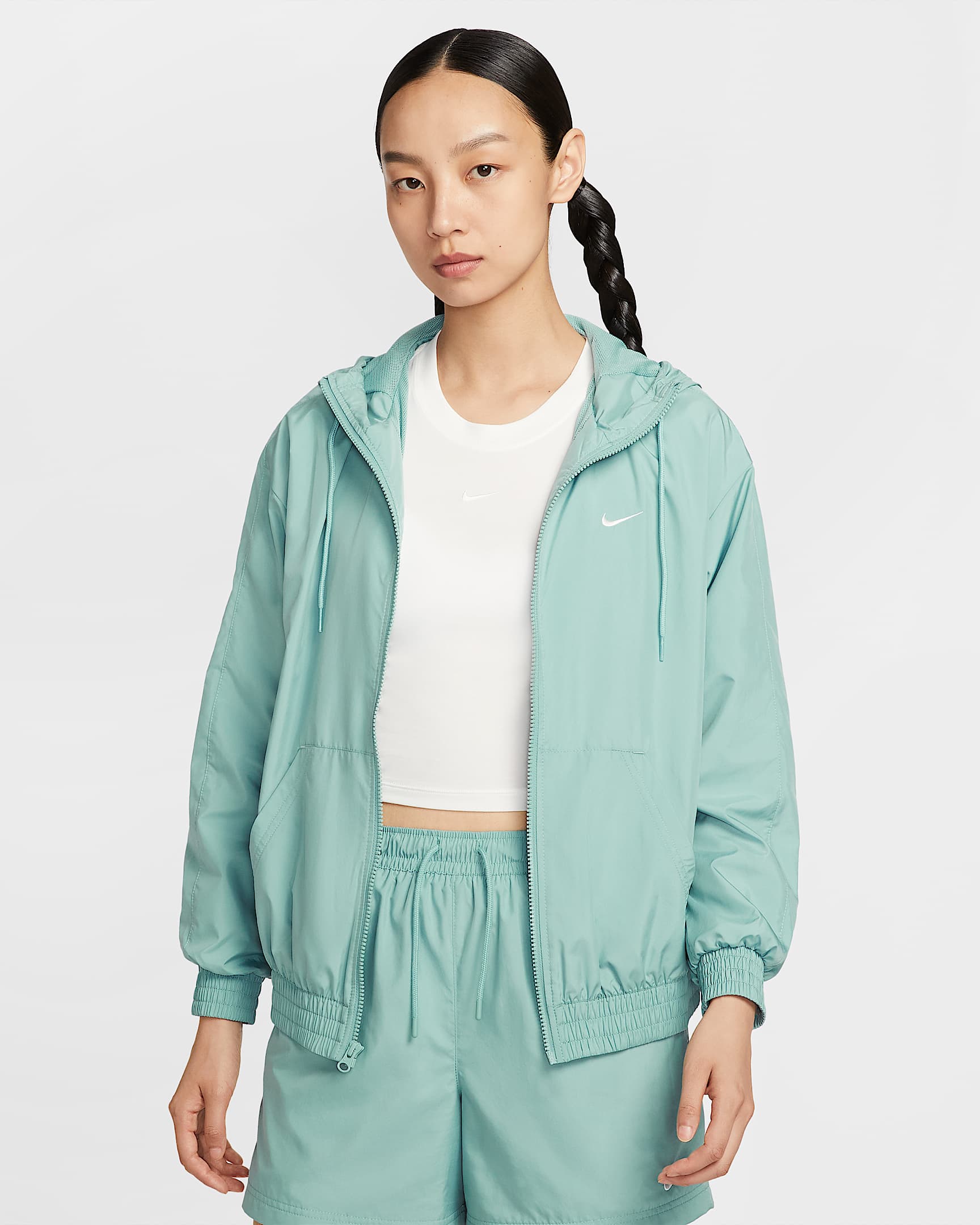Nike Sportswear Classic Wovens 女子宽松连帽夹克防晒衣 - 大炮灰/帆白