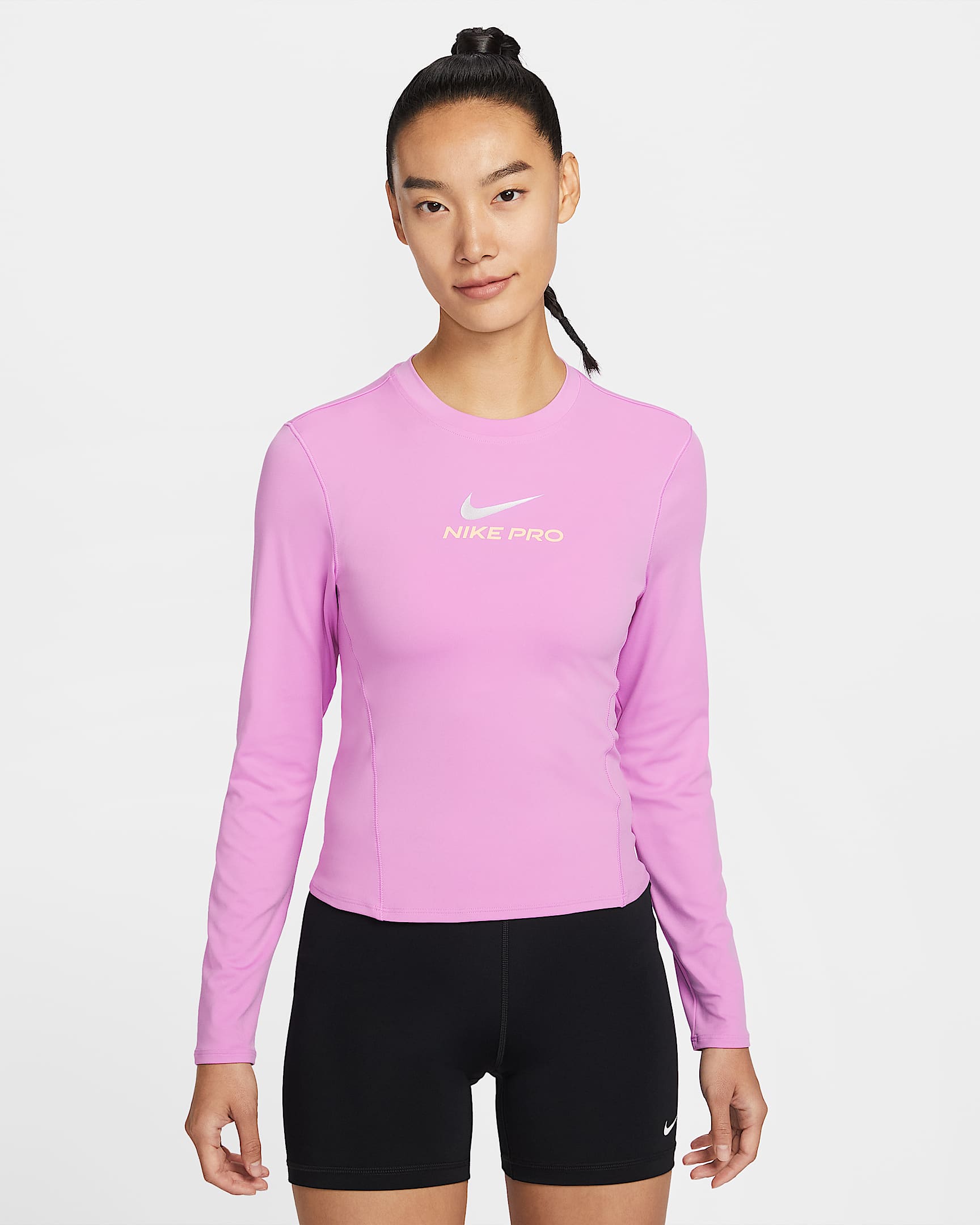 Nike Pro Dri-FIT 女子速干长袖印花训练上衣 - 浅品红/白色